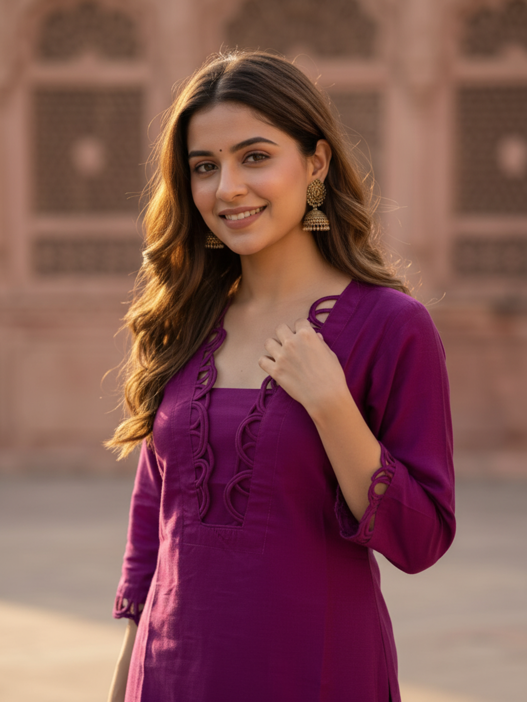 Purple Shantoon Short Kurta Set with Scalloped V-Neck & Salwar