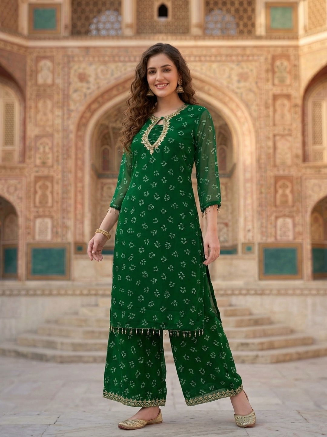 Emerald Green Bandhani Kurta Set with Gota Patti Work, Palazzo & Dupatta