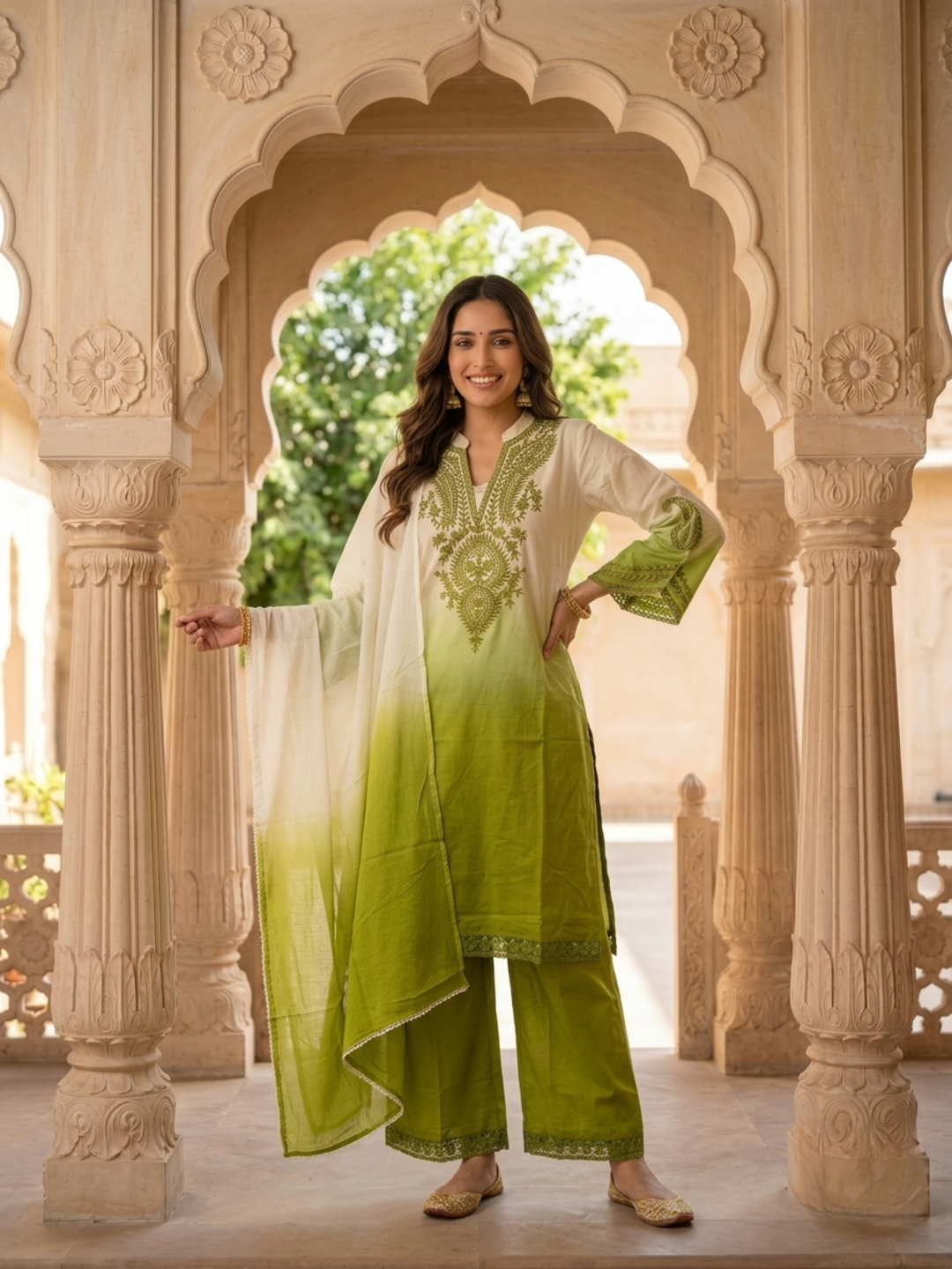 Lime Green Ombré Cotton Kurta Set with Mirror & Thread Embroidery, Palazzo & Dupatta