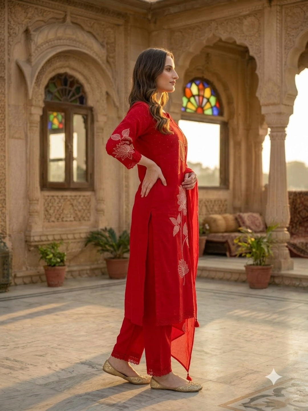 Red Solid Cotton A-Line Kurta Set with Floral Thread Embroidery, Round Neck, Drawstring Palazzo & Embroidered Pure Cotton Dupatta