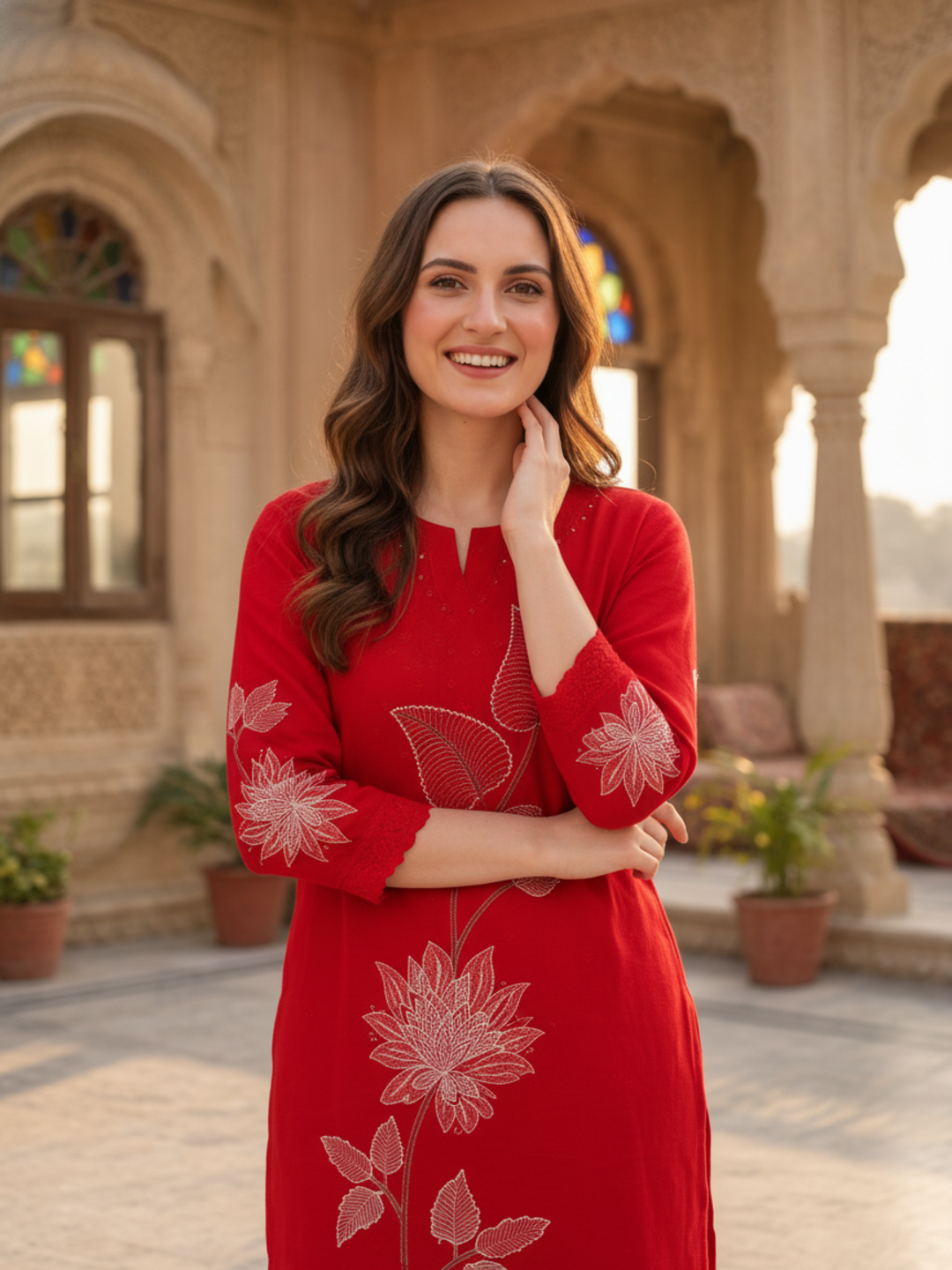 Red Solid Cotton A-Line Kurta Set with Floral Thread Embroidery, Round Neck, Drawstring Palazzo & Embroidered Pure Cotton Dupatta