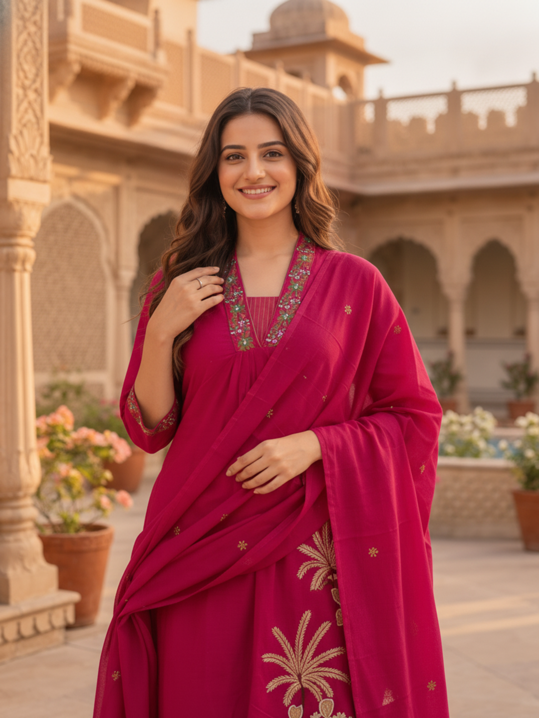Fuchsia Cotton Dobby Kurta Set with Floral Embroidery, Pant & Dupatta