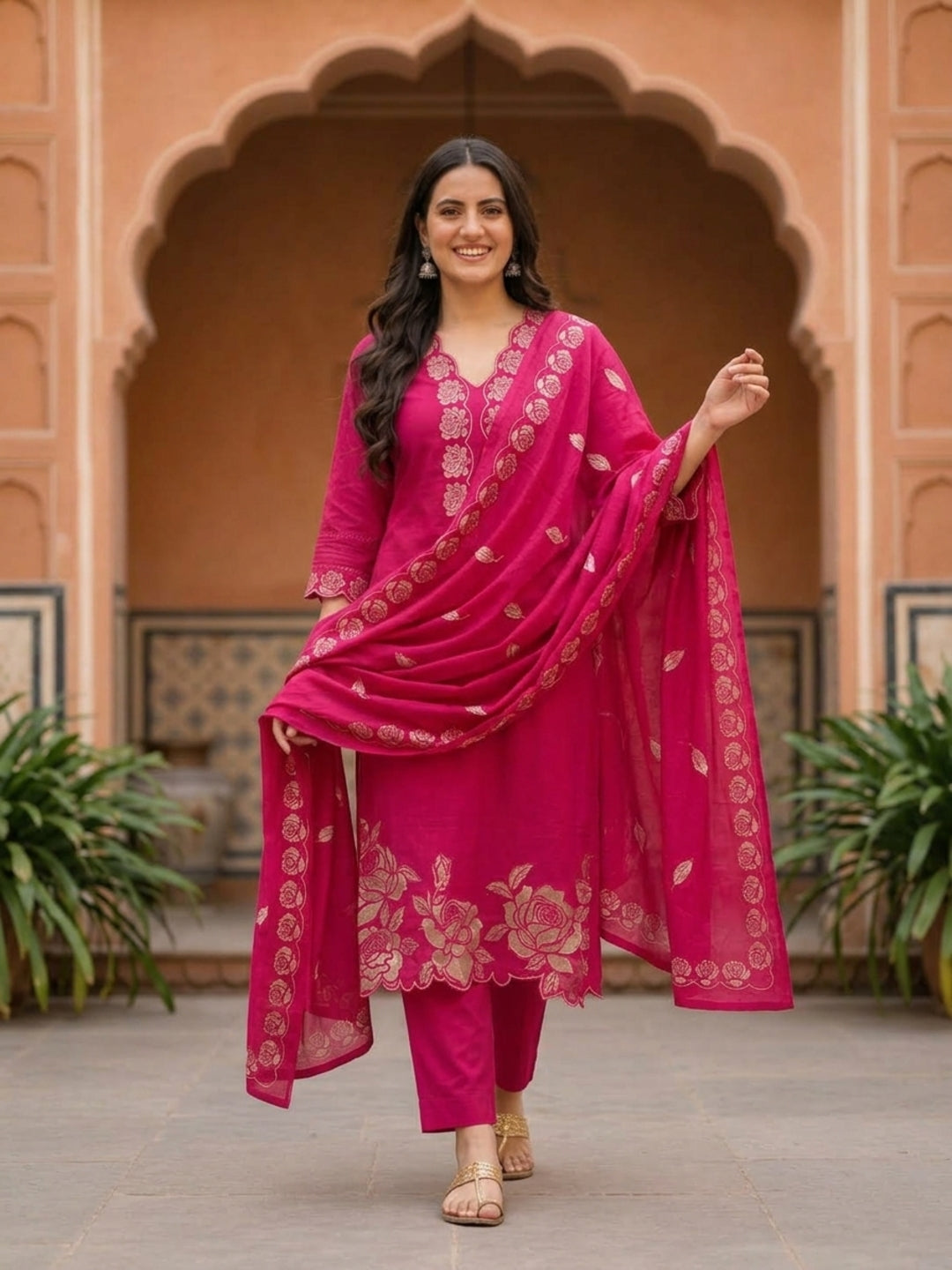 Magenta Cotton Kurta Set with Floral Embroidery & Bead Work, Palazzo & Printed Dupatta