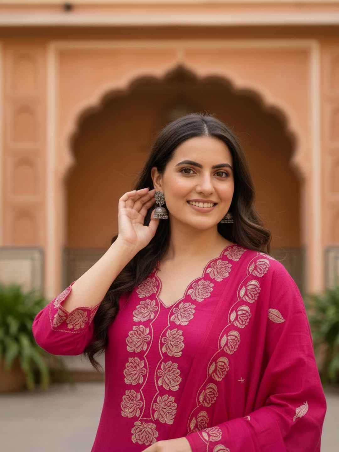 Magenta Cotton Kurta Set with Floral Embroidery & Bead Work, Palazzo & Printed Dupatta