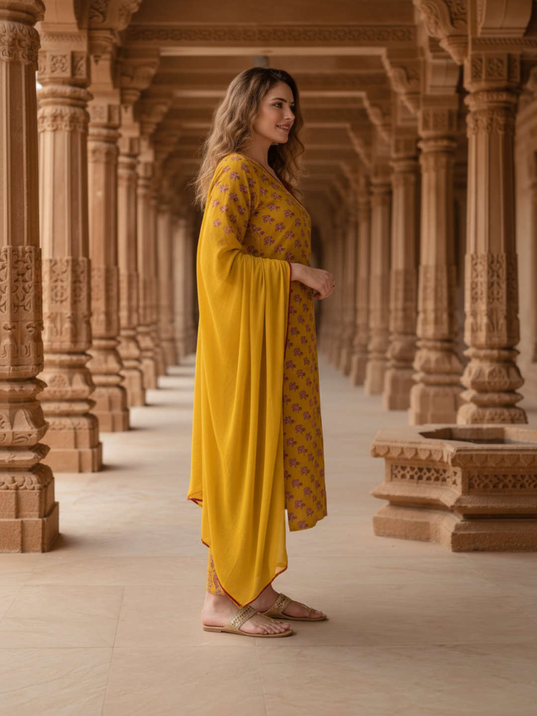 Mustard Yellow Floral Cotton Kurta Set with Zari & Thread Embroidery, Palazzo & Dupatta