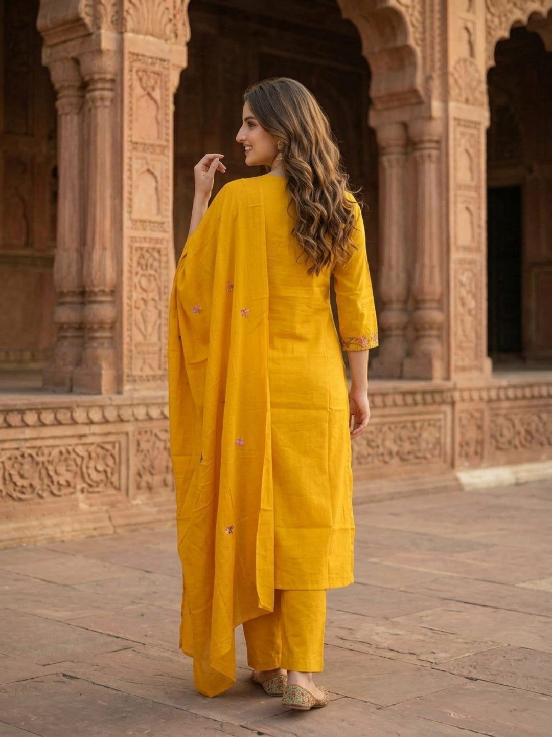 Mustard Yellow Cotton Kurta Set with Floral Embroidery, Palazzo & Dupatta