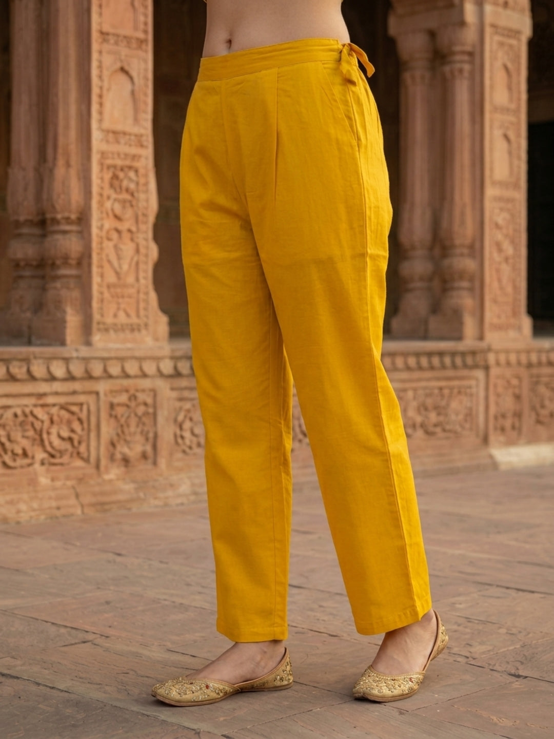Mustard Yellow Cotton Kurta Set with Floral Embroidery, Palazzo & Dupatta