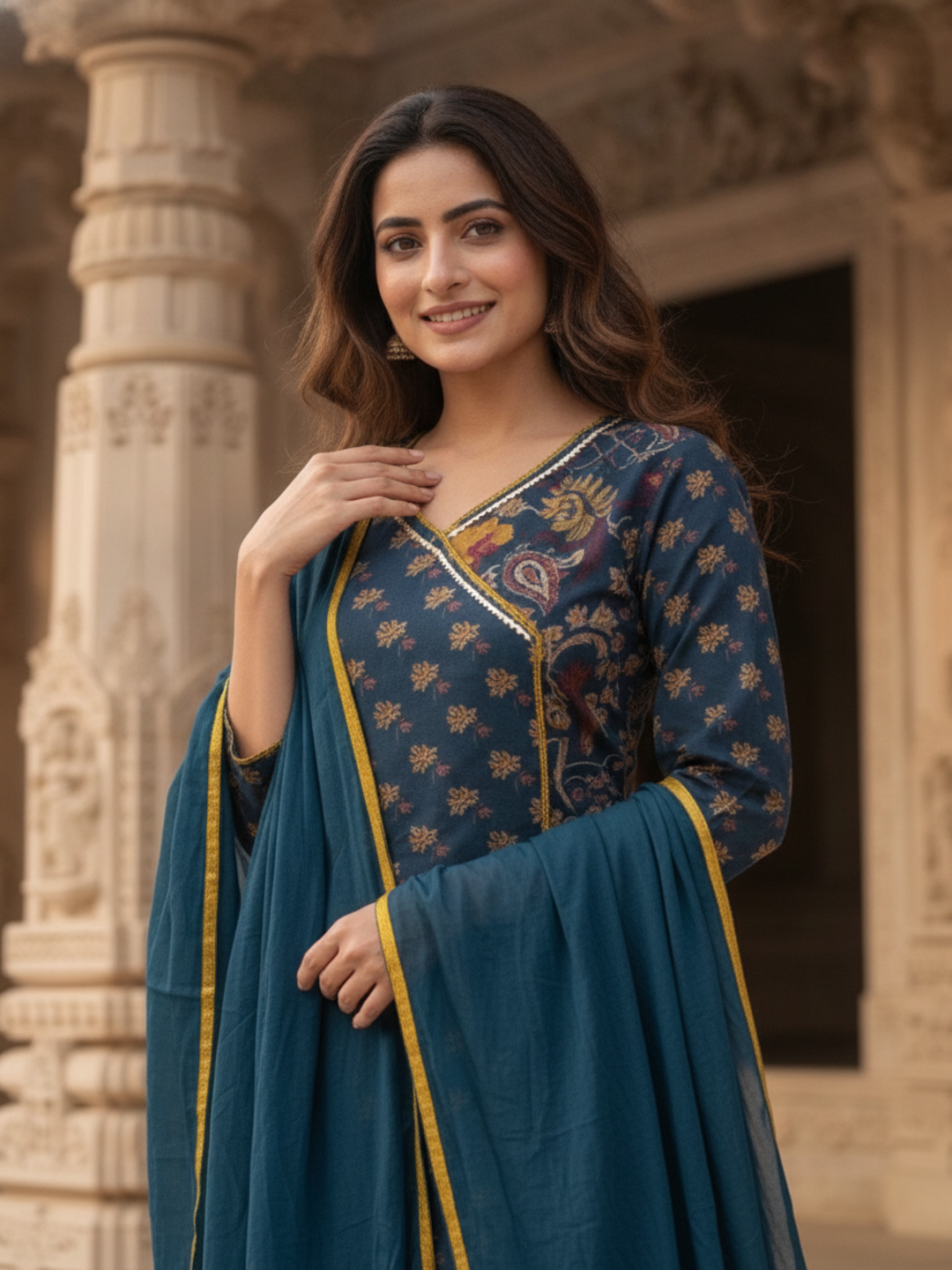 Navy Blue Floral Cotton Kurta Set with Zari & Thread Embroidery, Palazzo & Dupatta