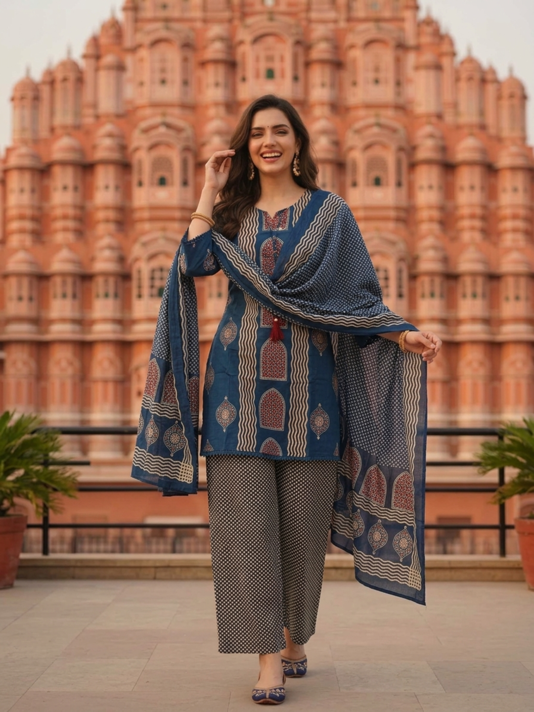 Slate Blue Printed Cotton Short Kurta Set with Mirror Work, Farshi Salwar & Dupatta
