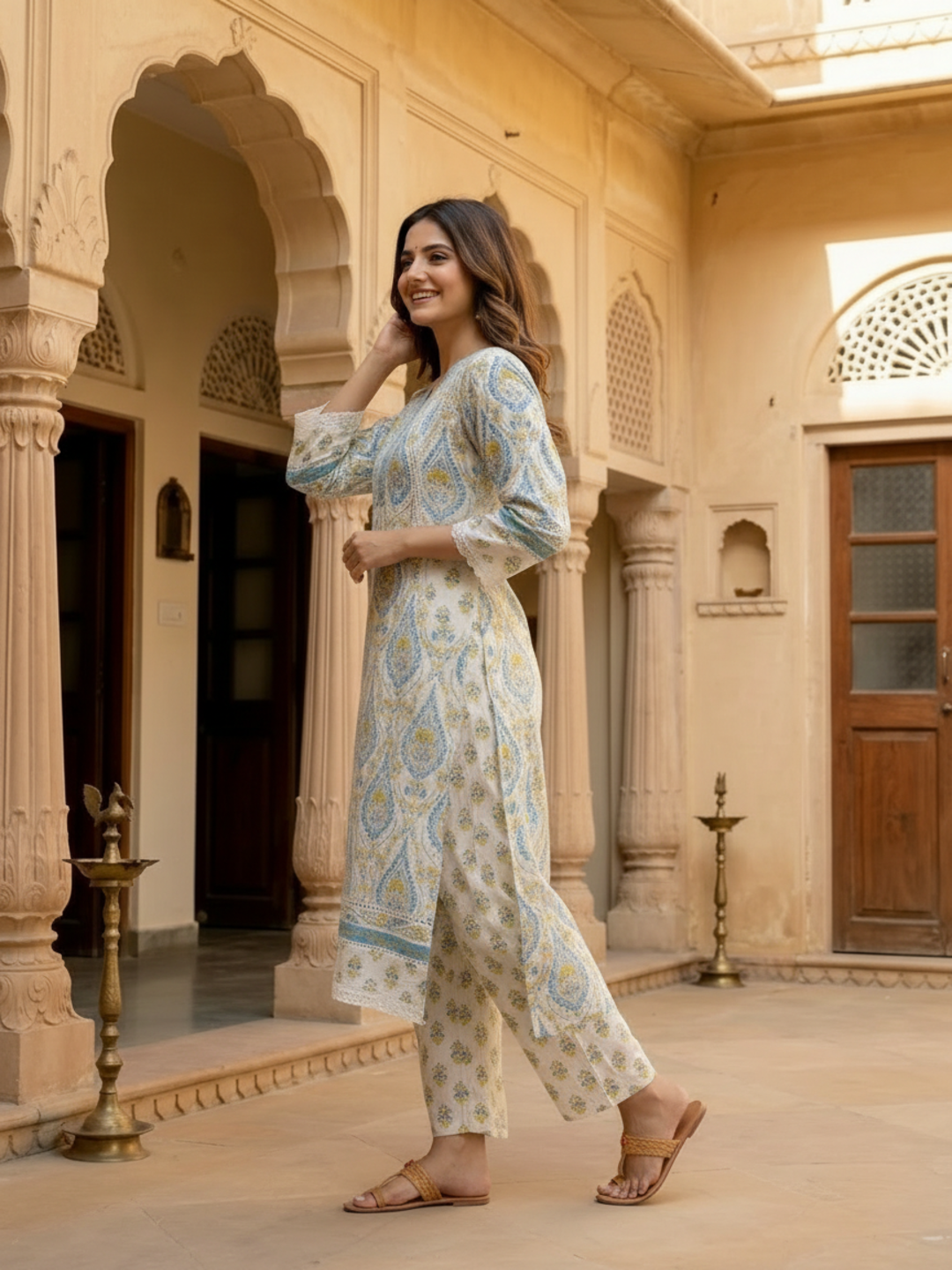 Blue Ethnic Floral Printed Cotton A-Line Kurta Set with Crochet Lace Embroidery, V-Neck, Printed Palazzo & Printed Pure Cotton Dupatta