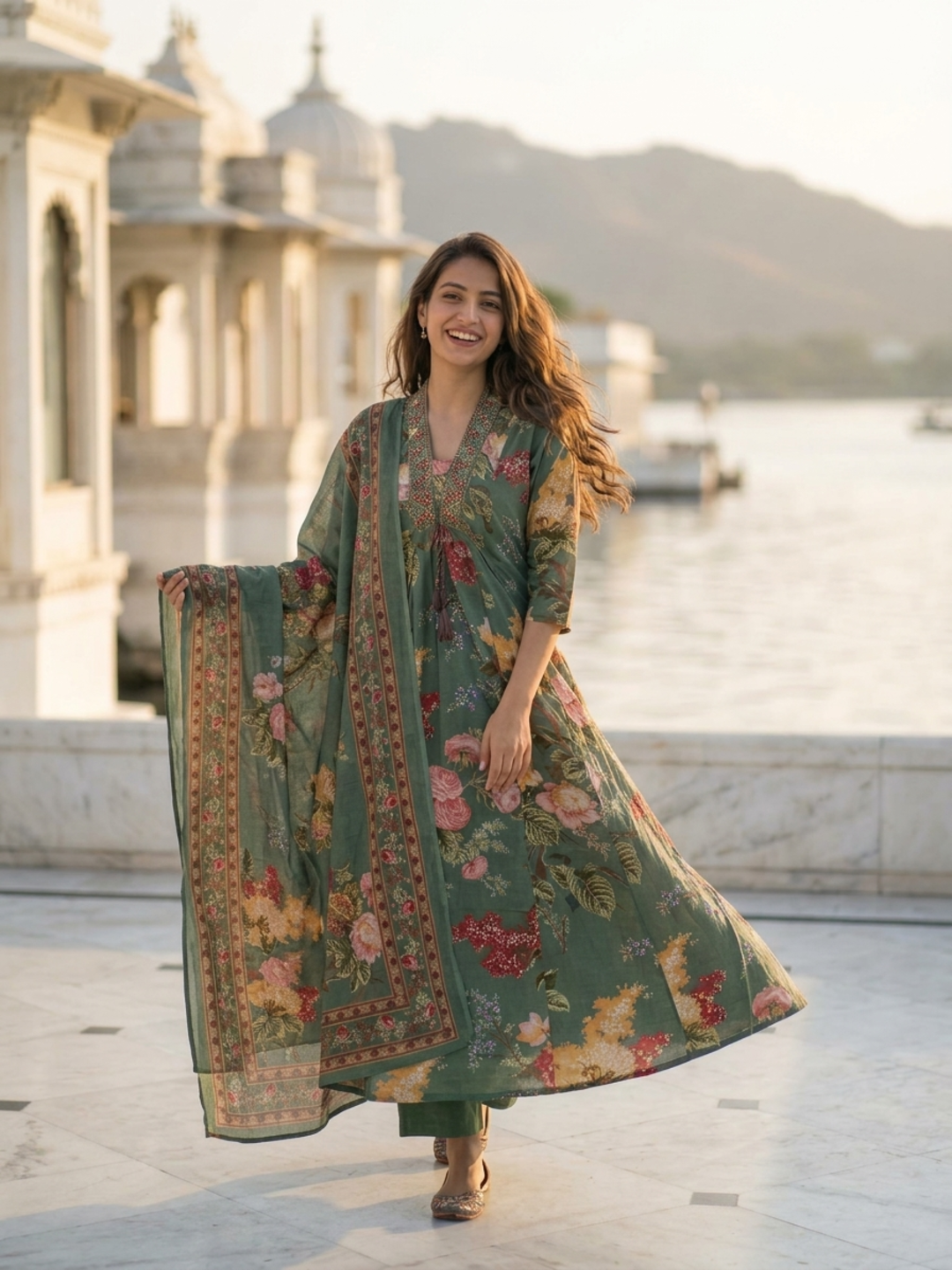 Sage Green Floral Cotton Anarkali Set with Zari & Thread Embroidery, Palazzo & Dupatta
