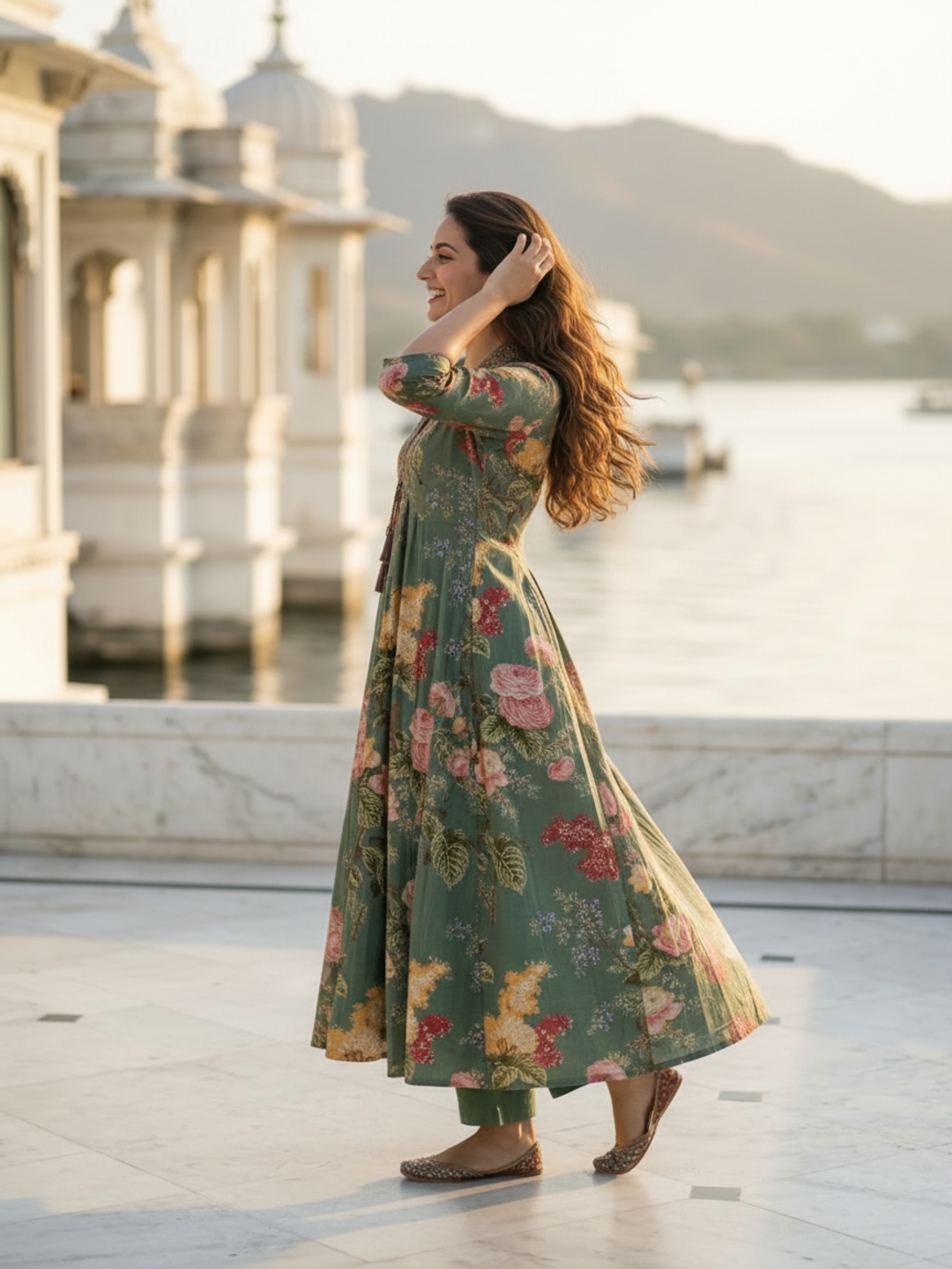 Sage Green Floral Cotton Anarkali Set with Zari & Thread Embroidery, Palazzo & Dupatta