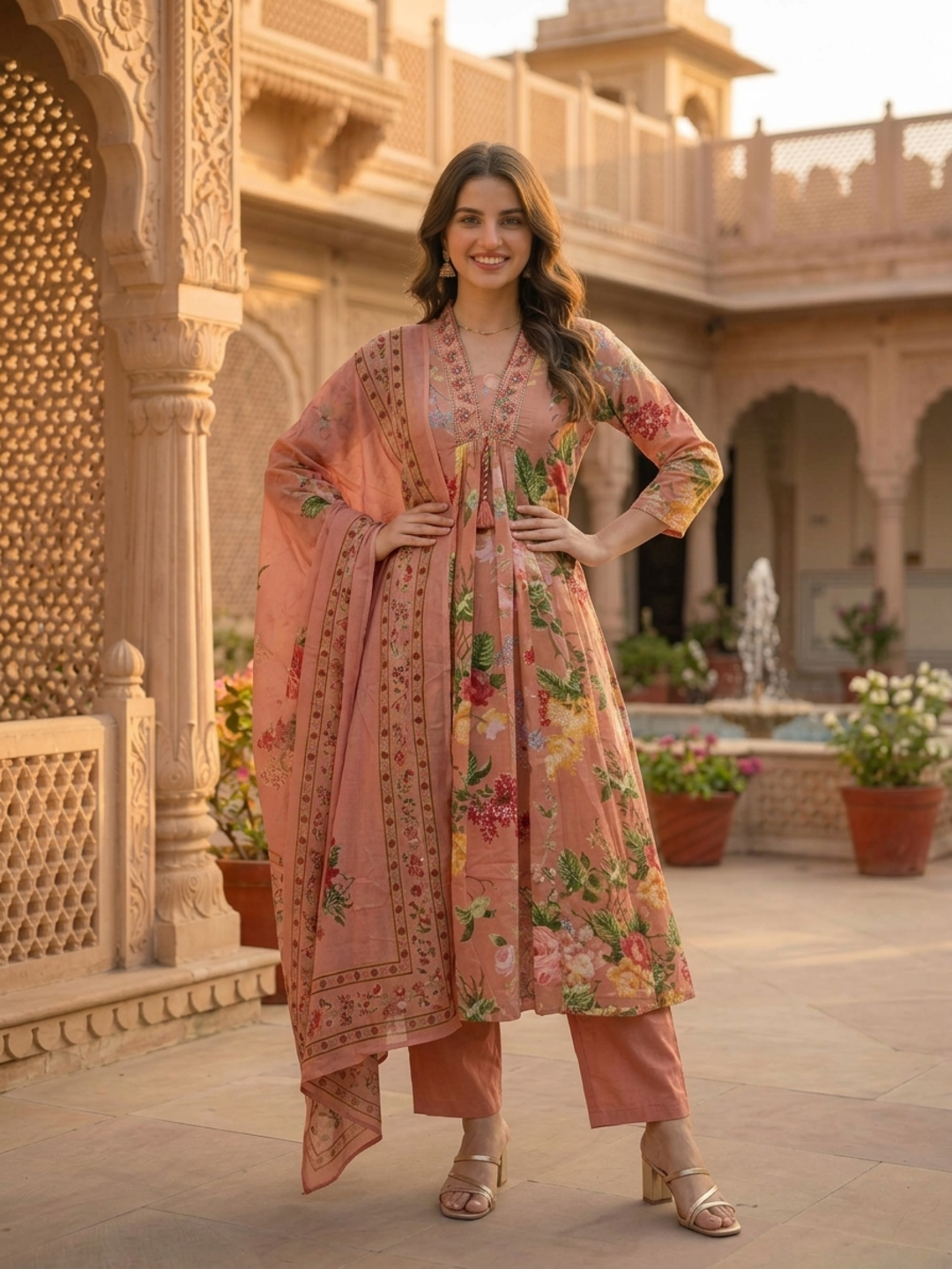 Blush Pink Floral Cotton Anarkali Set with Zari Embroidery, Palazzo & Dupatta