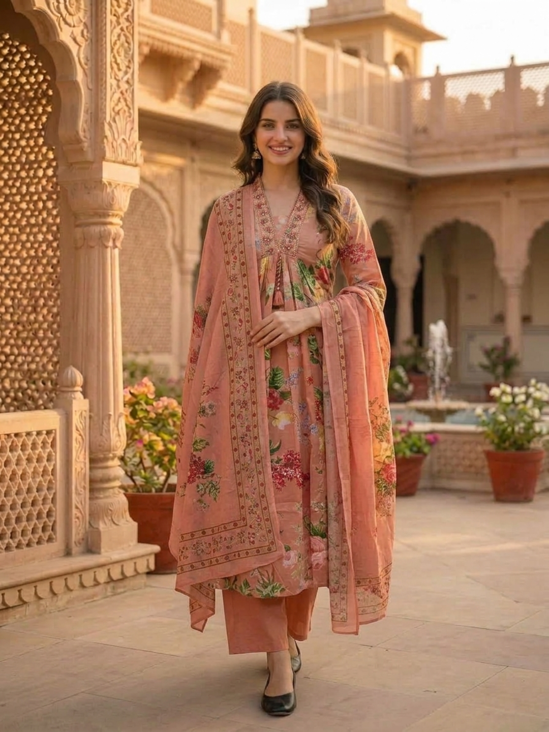 Blush Pink Floral Cotton Anarkali Set with Zari Embroidery, Palazzo & Dupatta