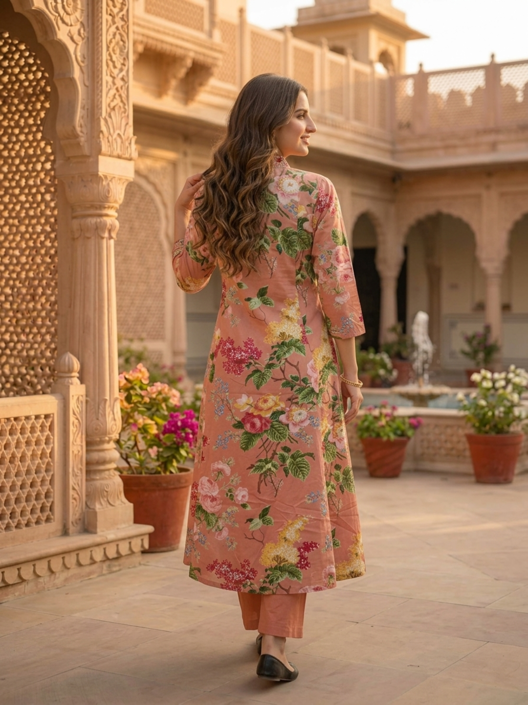 Blush Pink Floral Cotton Anarkali Set with Zari Embroidery, Palazzo & Dupatta