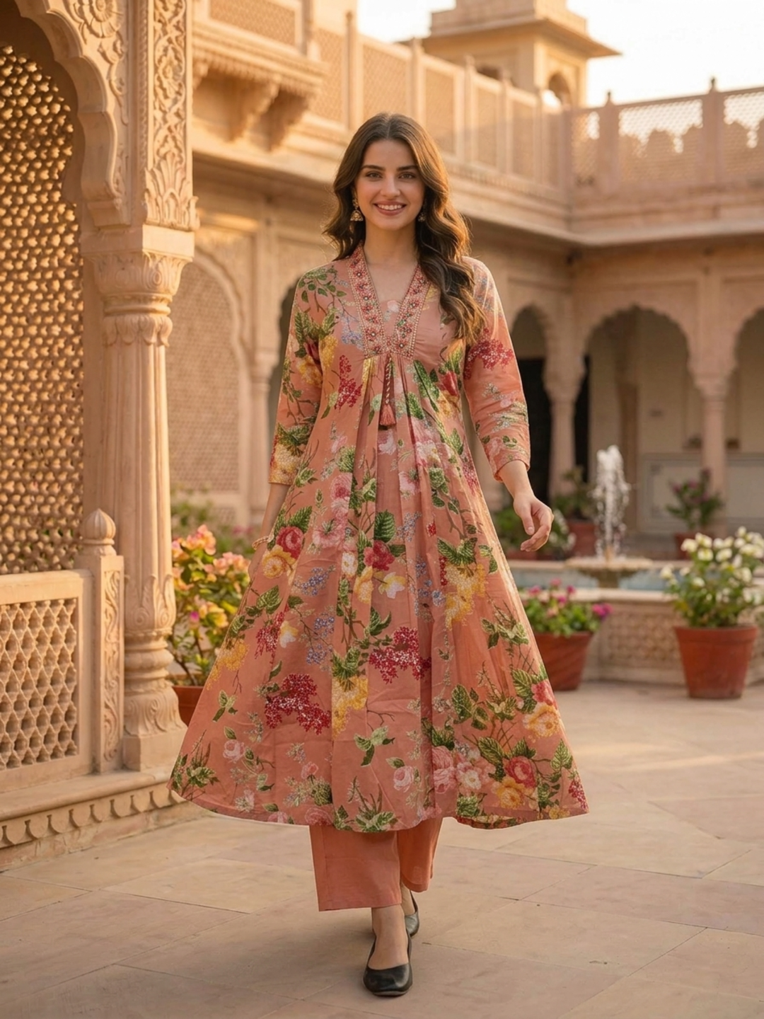 Blush Pink Floral Cotton Anarkali Set with Zari Embroidery, Palazzo & Dupatta