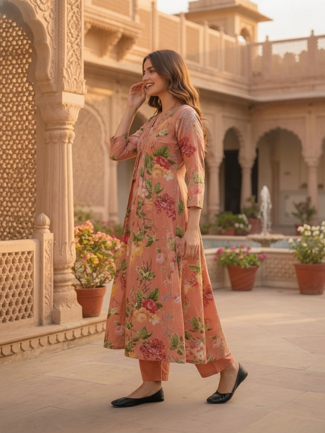 Blush Pink Floral Cotton Anarkali Set with Zari Embroidery, Palazzo & Dupatta