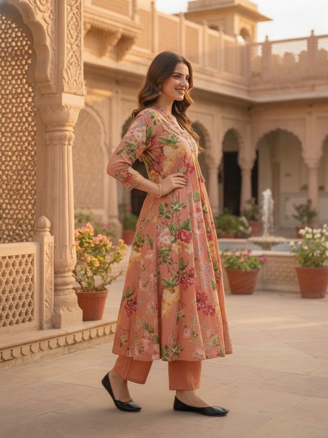 Blush Pink Floral Cotton Anarkali Set with Zari Embroidery, Palazzo & Dupatta