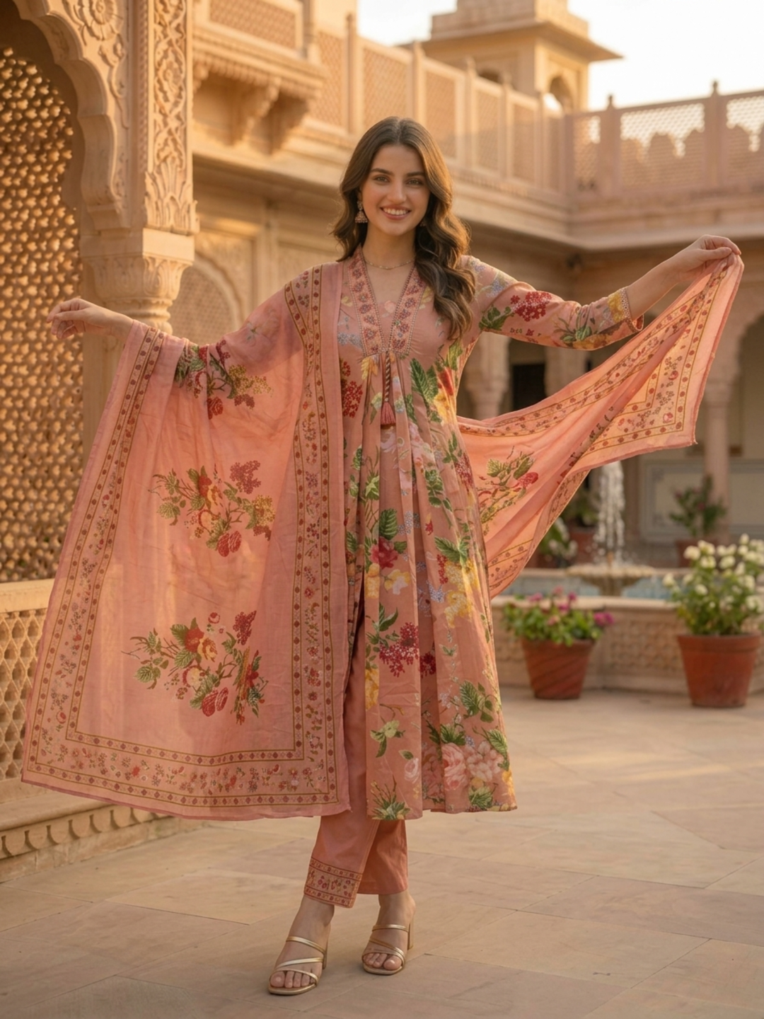 Blush Pink Floral Cotton Anarkali Set with Zari Embroidery, Palazzo & Dupatta