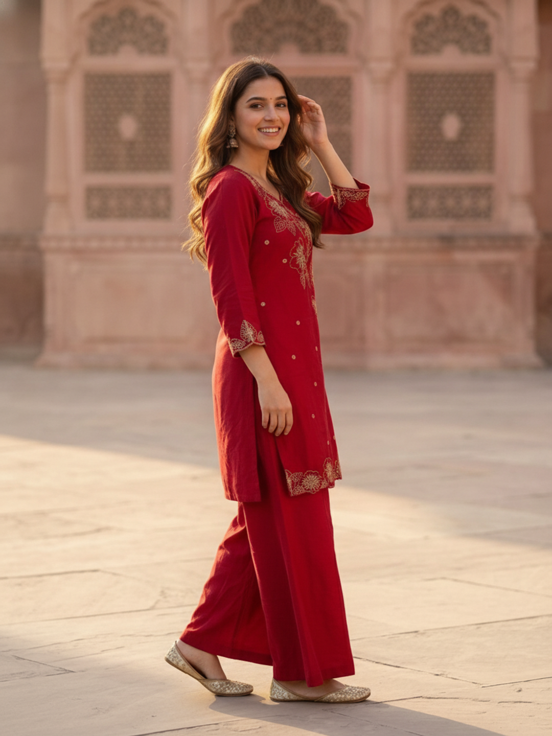 Maroon Crepe Kurta Set with Floral Hand Embroidery & Sequins, Flared Palazzo & Dupatta