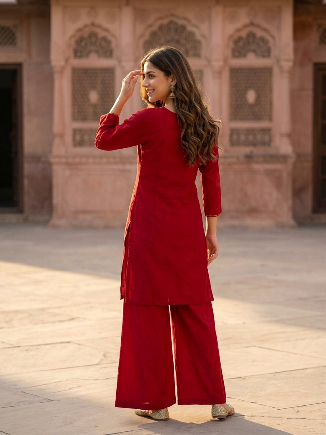 Maroon Crepe Kurta Set with Floral Hand Embroidery & Sequins, Flared Palazzo & Dupatta