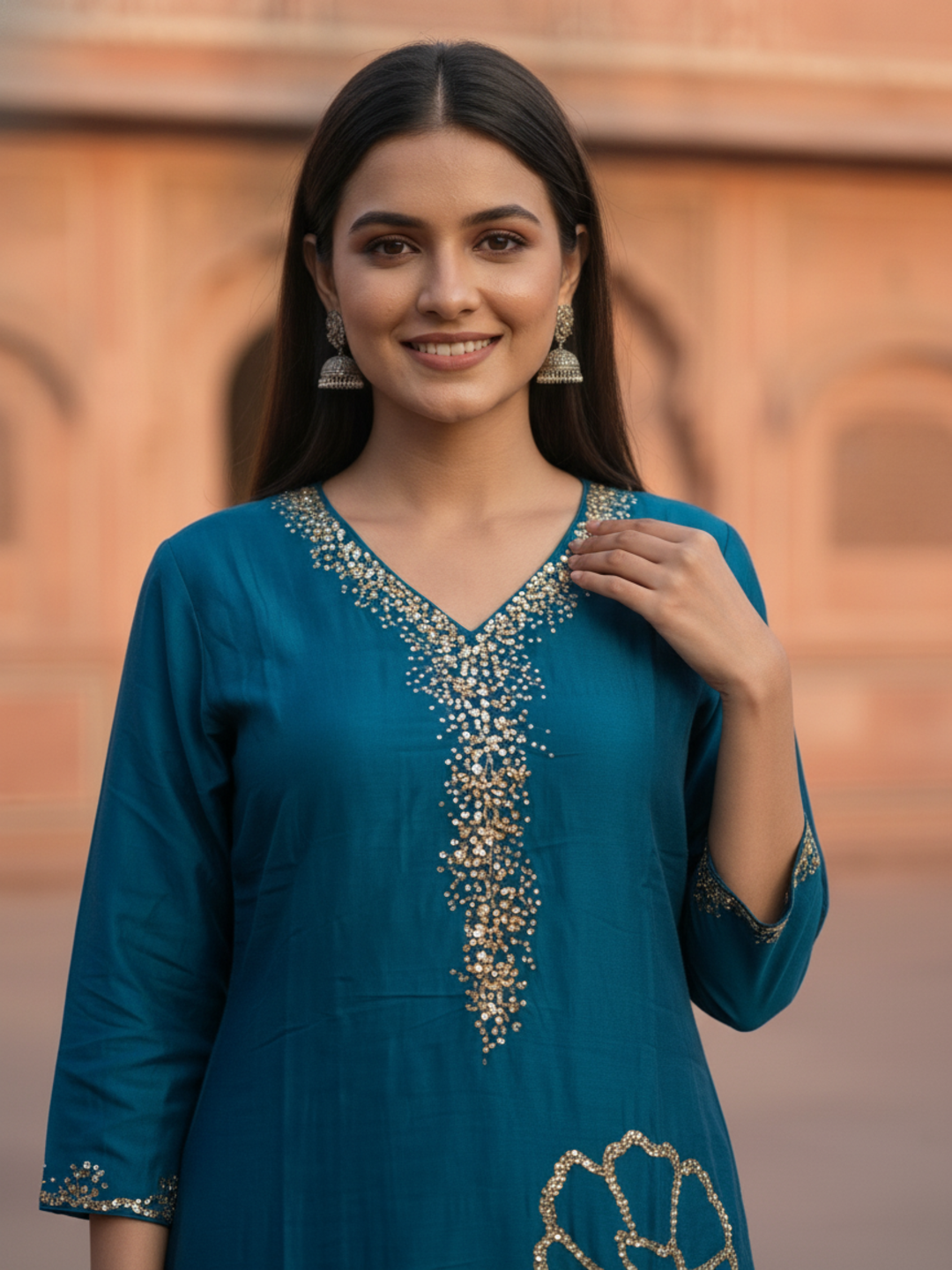 Blue Solid Crepe Straight Kurta Set with Floral Hand Embroidery & Sequins, V-Neck, Muslin Silk Palazzo & Solid Muslin Silk Taping Dupatta