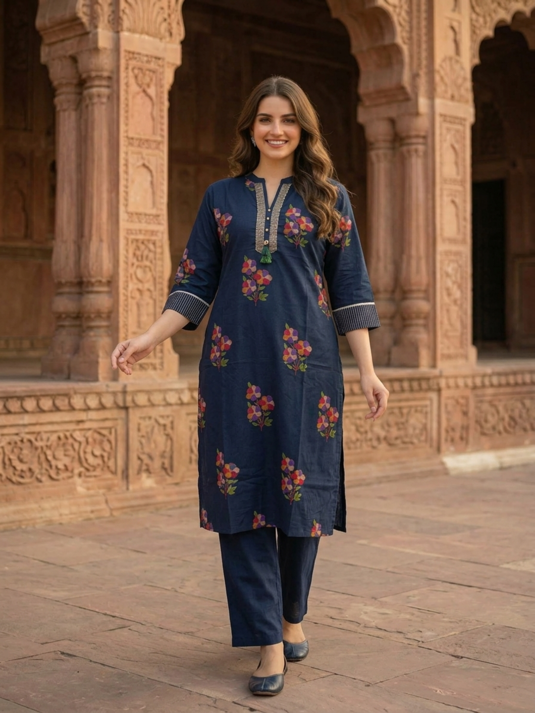 Navy Blue Floral Printed Cotton Straight Kurta Set with Kantha Work, Mandarin Collar, Palazzo & Printed Pure Cotton Dupatta