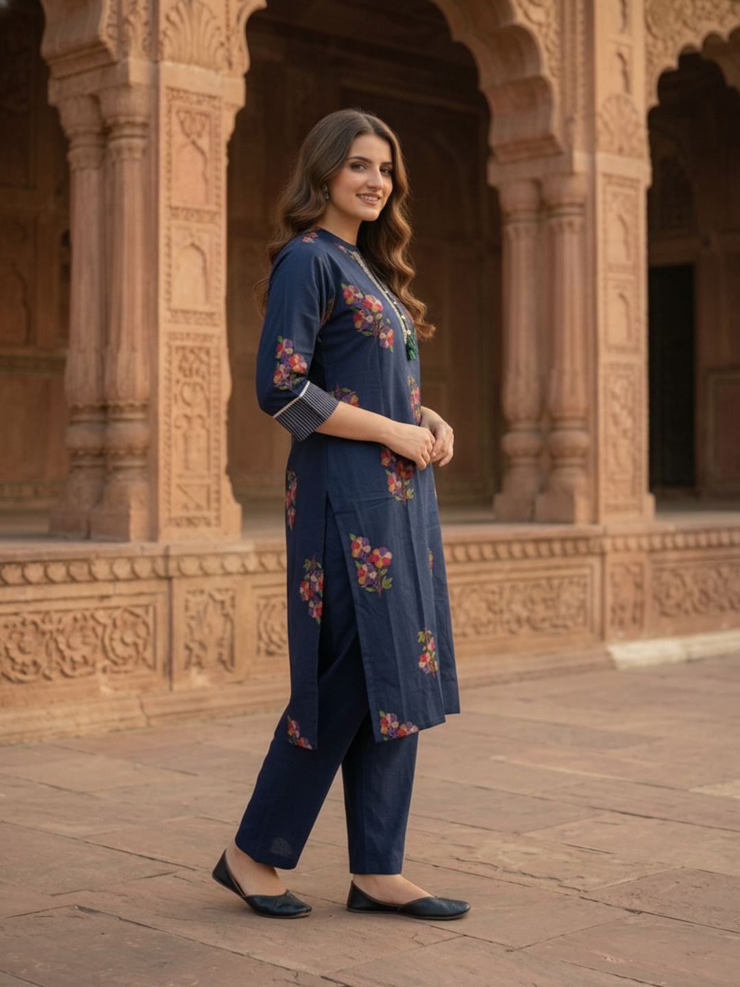 Navy Blue Floral Printed Cotton Straight Kurta Set with Kantha Work, Mandarin Collar, Palazzo & Printed Pure Cotton Dupatta