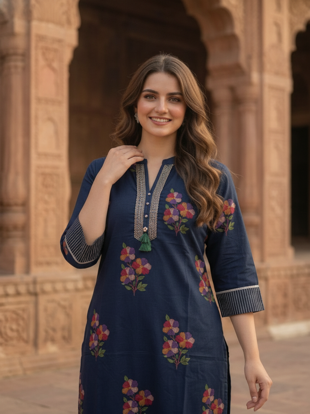 Navy Blue Floral Printed Cotton Straight Kurta Set with Kantha Work, Mandarin Collar, Palazzo & Printed Pure Cotton Dupatta