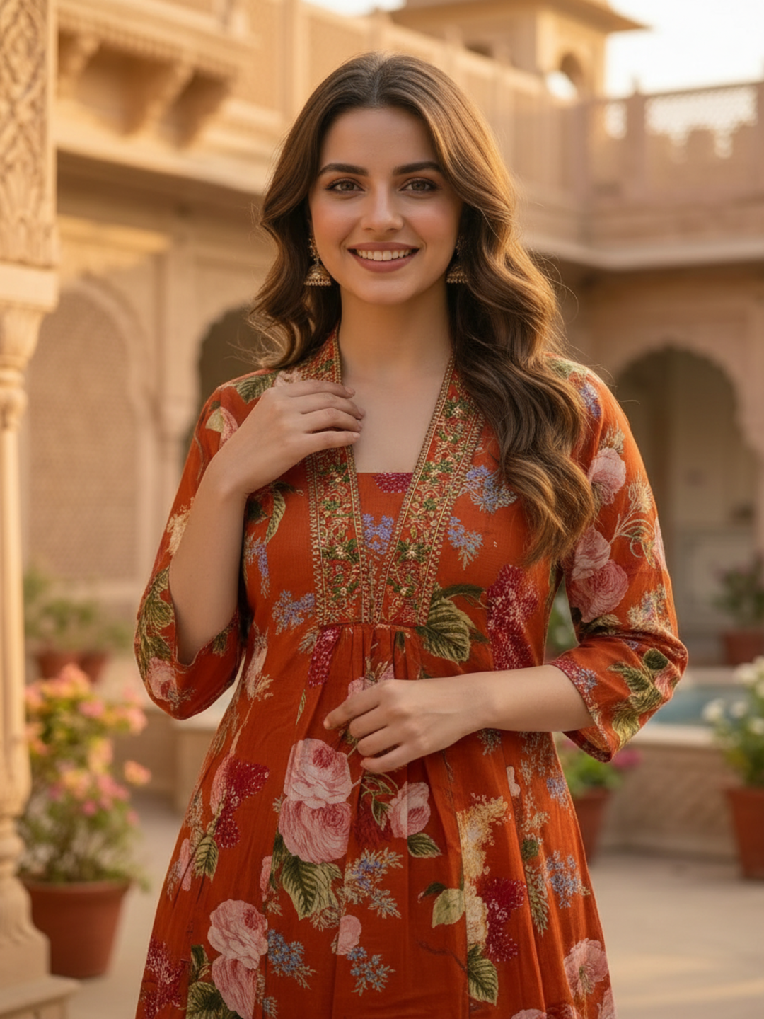 Rust Orange Floral Printed Cotton Anarkali Kurta Set with Zari & Thread Embroidery, Shawl Collar, Palazzo & Printed Pure Cotton Dupatta
