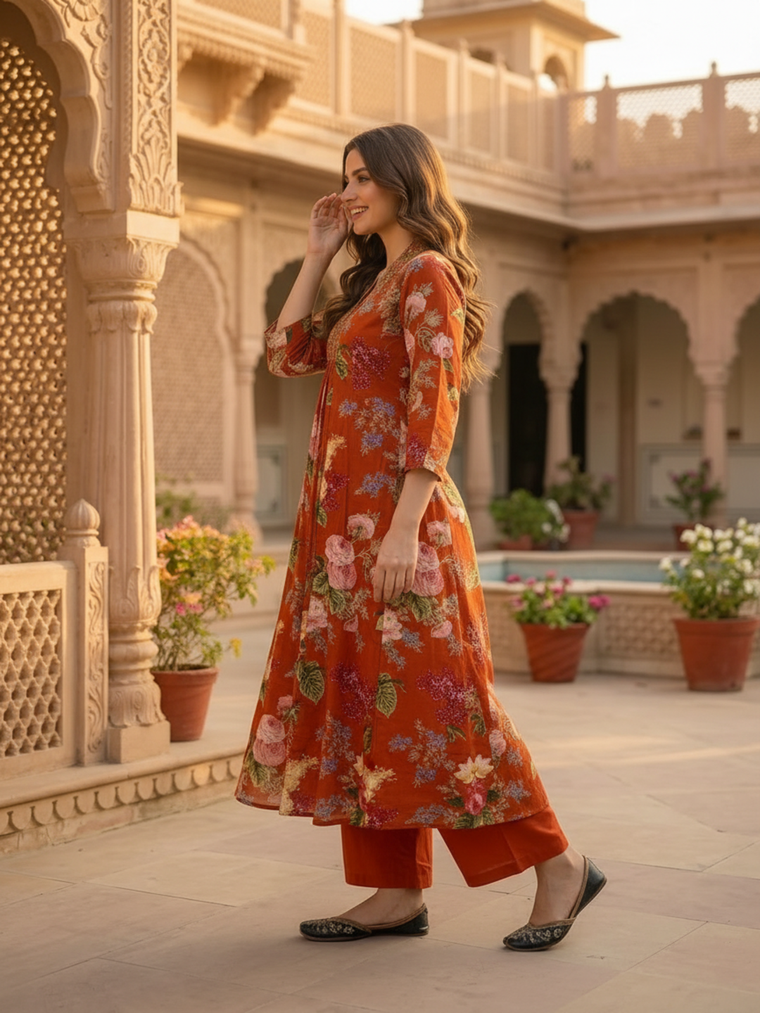 Rust Orange Floral Printed Cotton Anarkali Kurta Set with Zari & Thread Embroidery, Shawl Collar, Palazzo & Printed Pure Cotton Dupatta