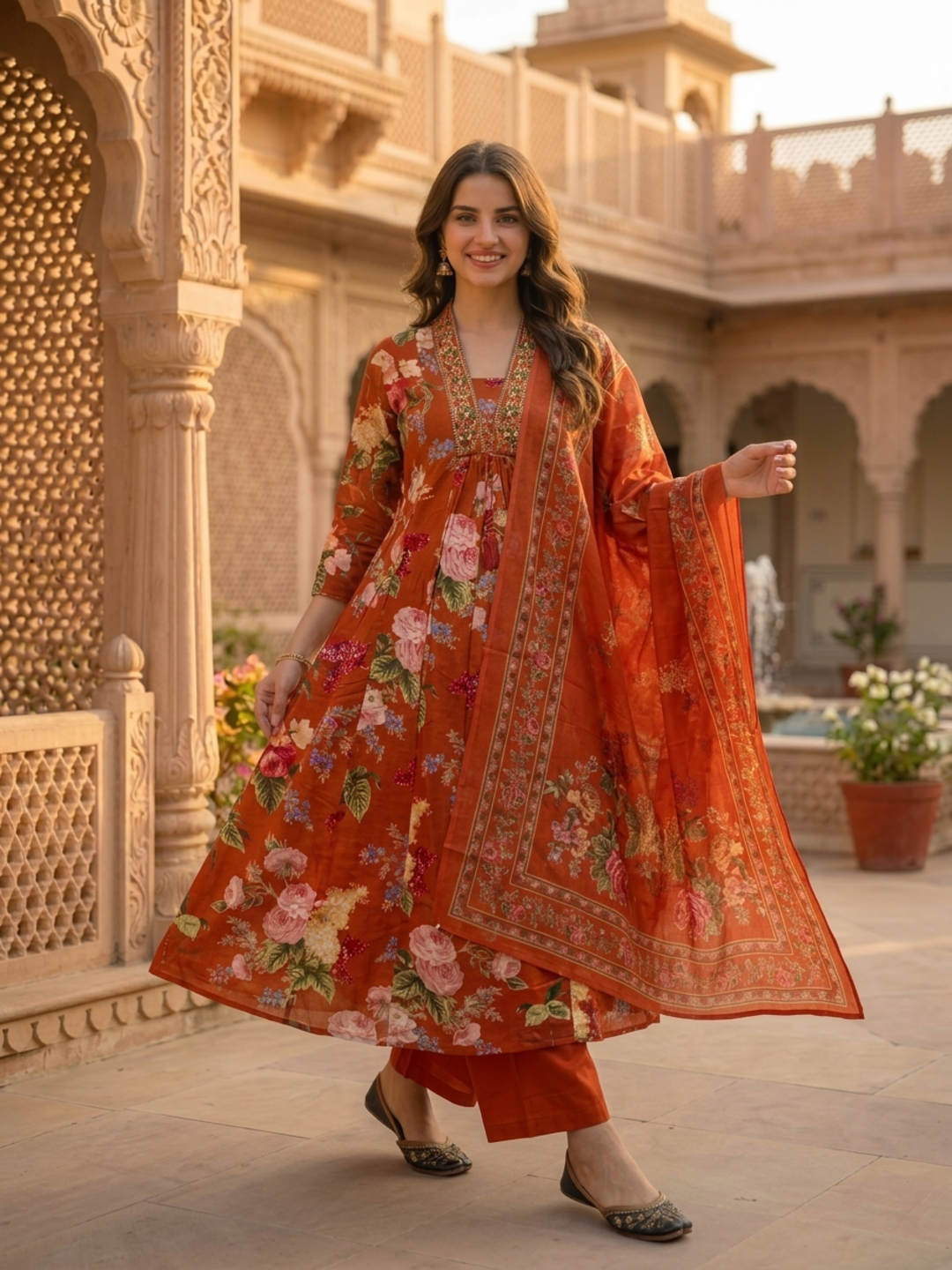 Rust Orange Floral Printed Cotton Anarkali Kurta Set with Zari & Thread Embroidery, Shawl Collar, Palazzo & Printed Pure Cotton Dupatta
