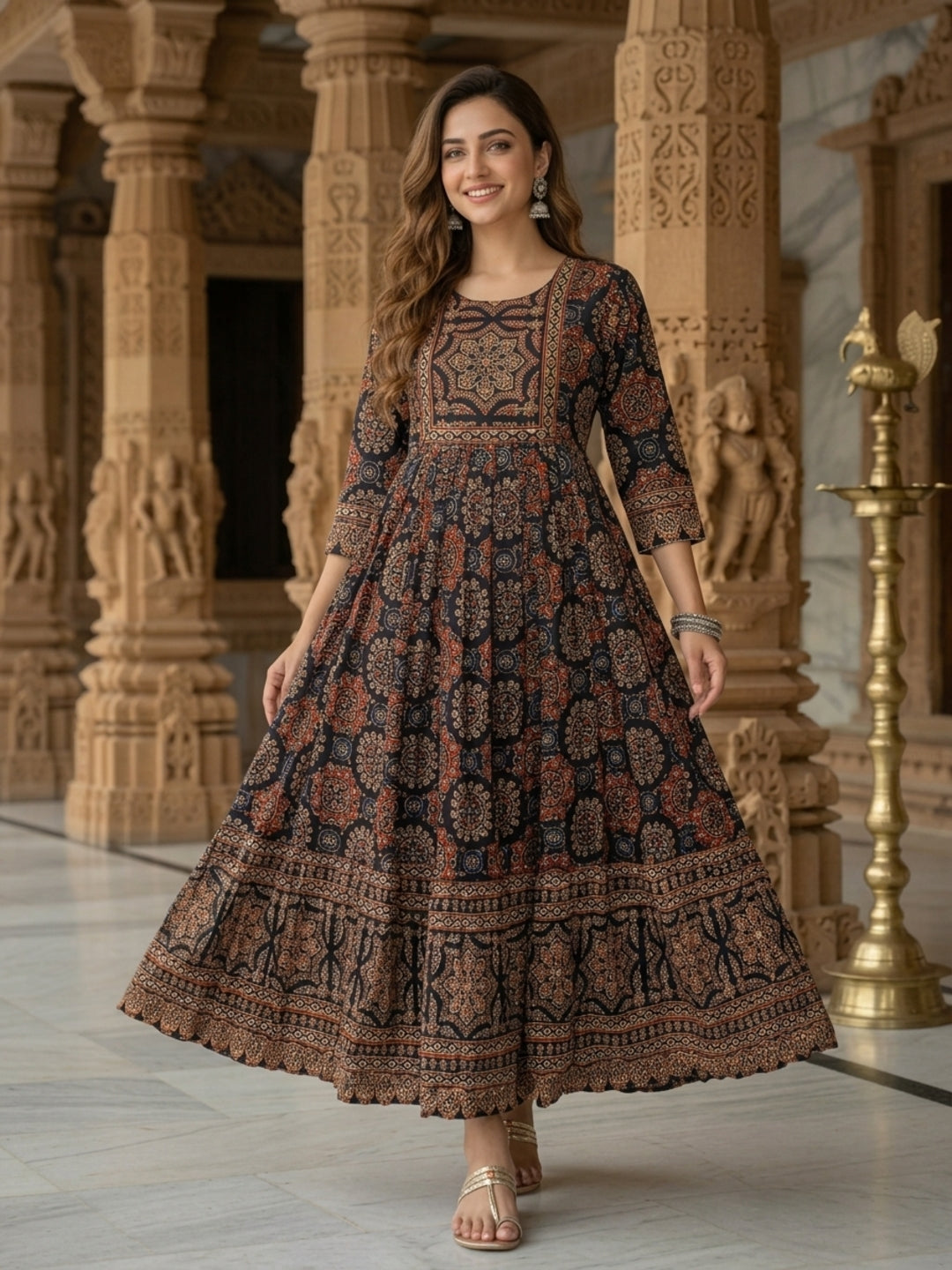 Black Floral Cotton Tiered Maxi Dress with Bead & Sequin Embroidery