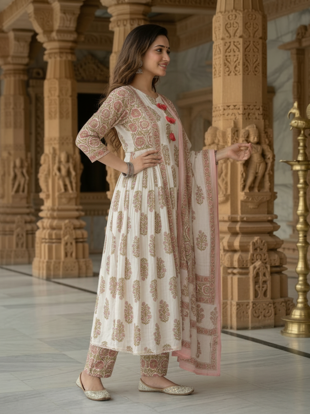 Pink Floral Cotton Gathered Kurta Set with Sequin Work, Pant & Printed Dupatta