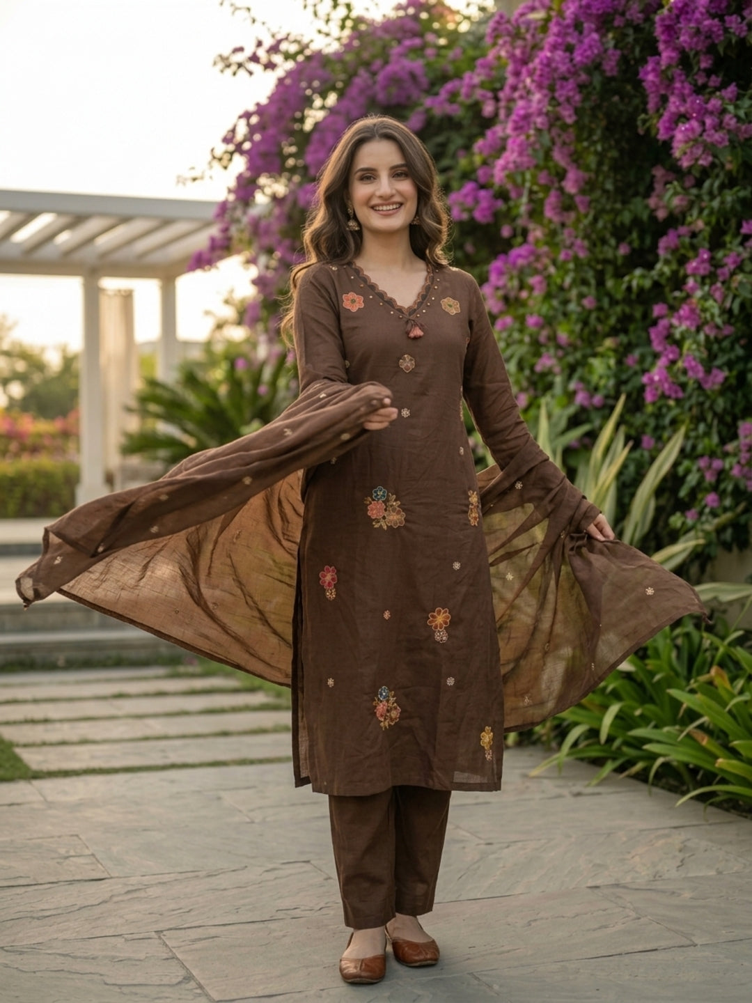 Brown Solid Cotton Straight Kurta Set with Embroidery, Scalloped V-Neck, Cotton Blend Trouser & Floral Embroidered Solid Pure Cotton Dupatta