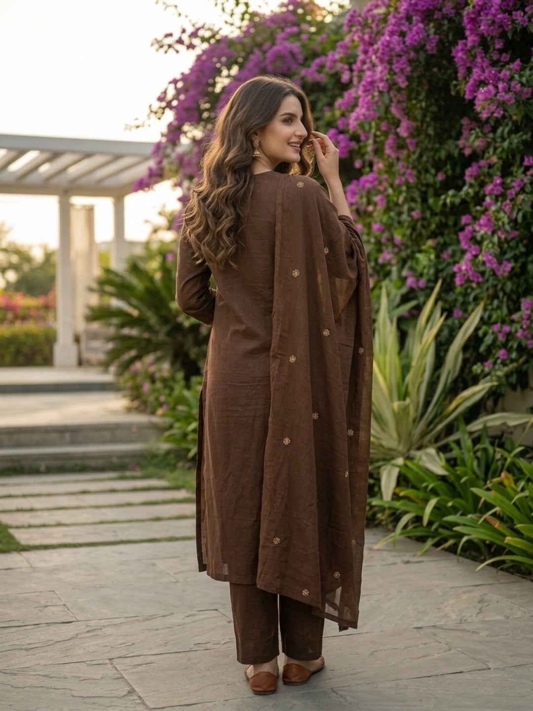Brown Solid Cotton Straight Kurta Set with Embroidery, Scalloped V-Neck, Cotton Blend Trouser & Floral Embroidered Solid Pure Cotton Dupatta
