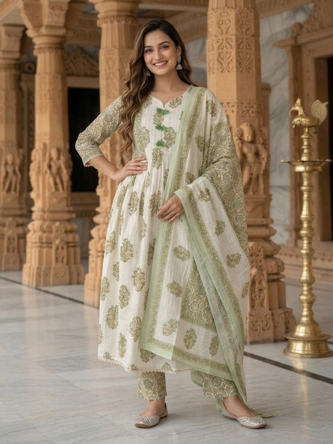 Green Floral Cotton Gathered Kurta Set with Sequin Work, Palazzo & Printed Dupatta