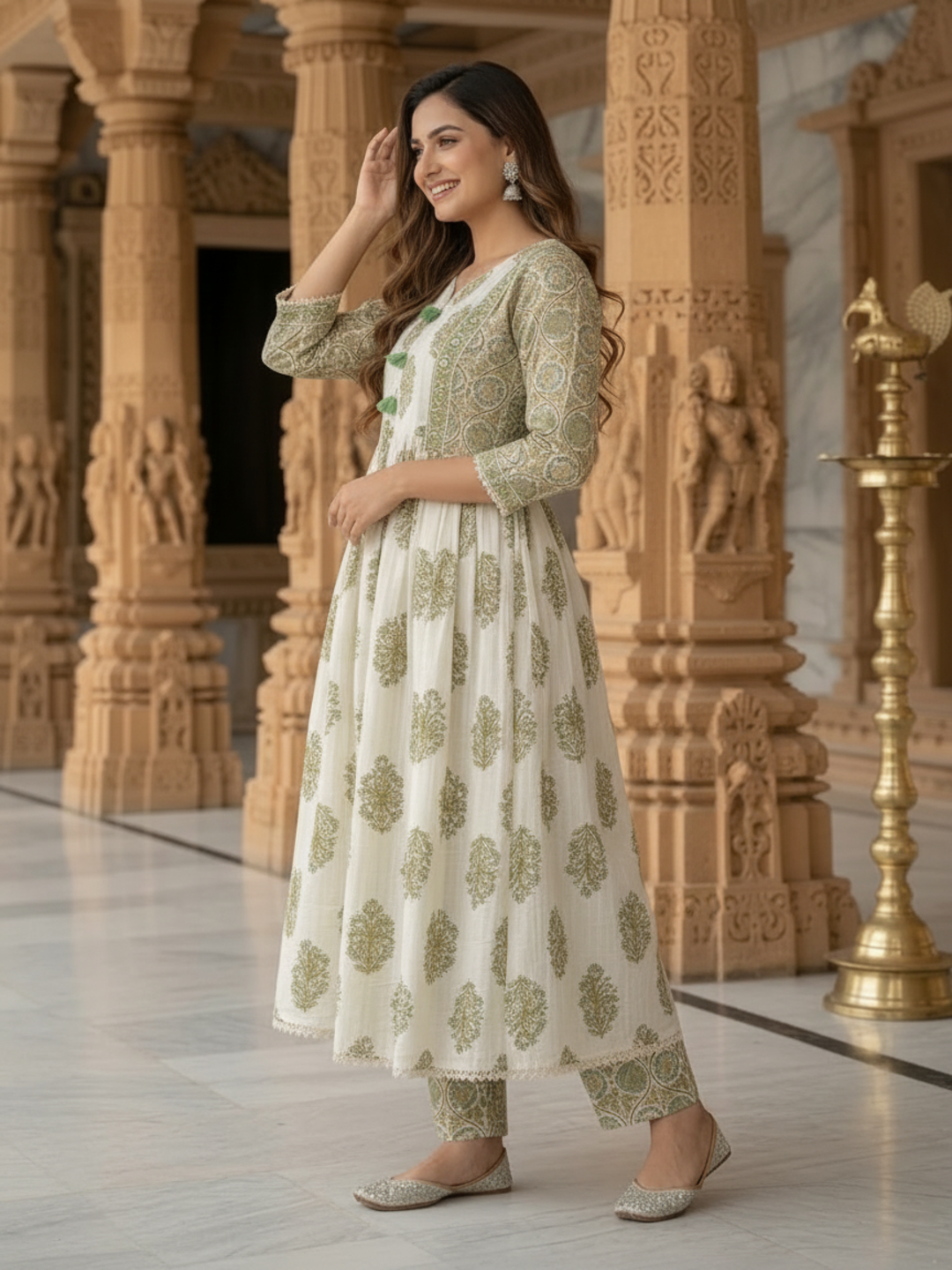 Green Floral Cotton Gathered Kurta Set with Sequin Work, Palazzo & Printed Dupatta