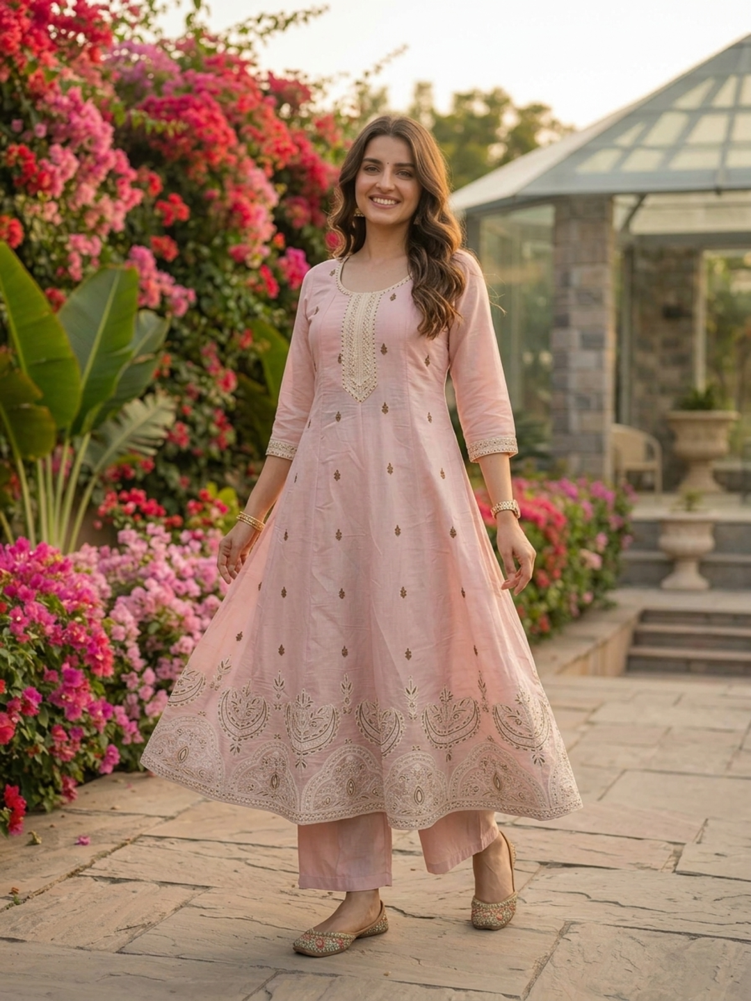 Baby Pink Chanderi Silk Anarkali Set with Thread & Sequin Embroidery, Pants & Dupatta
