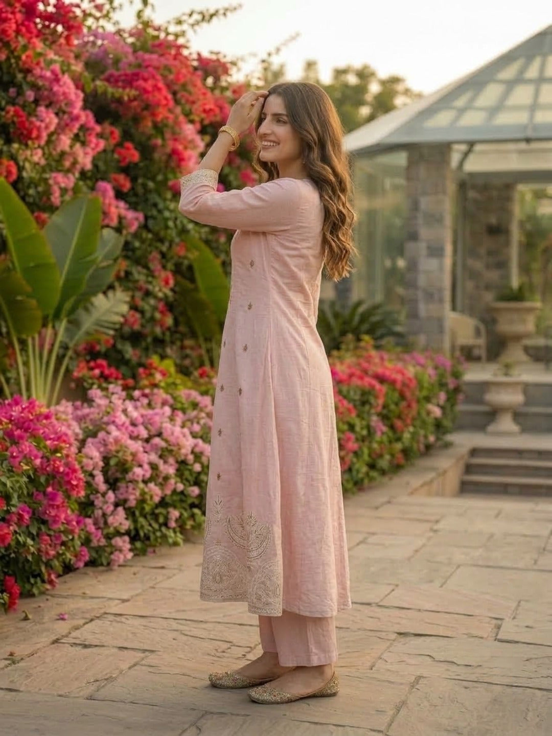 Baby Pink Chanderi Silk Anarkali Set with Thread & Sequin Embroidery, Pants & Dupatta