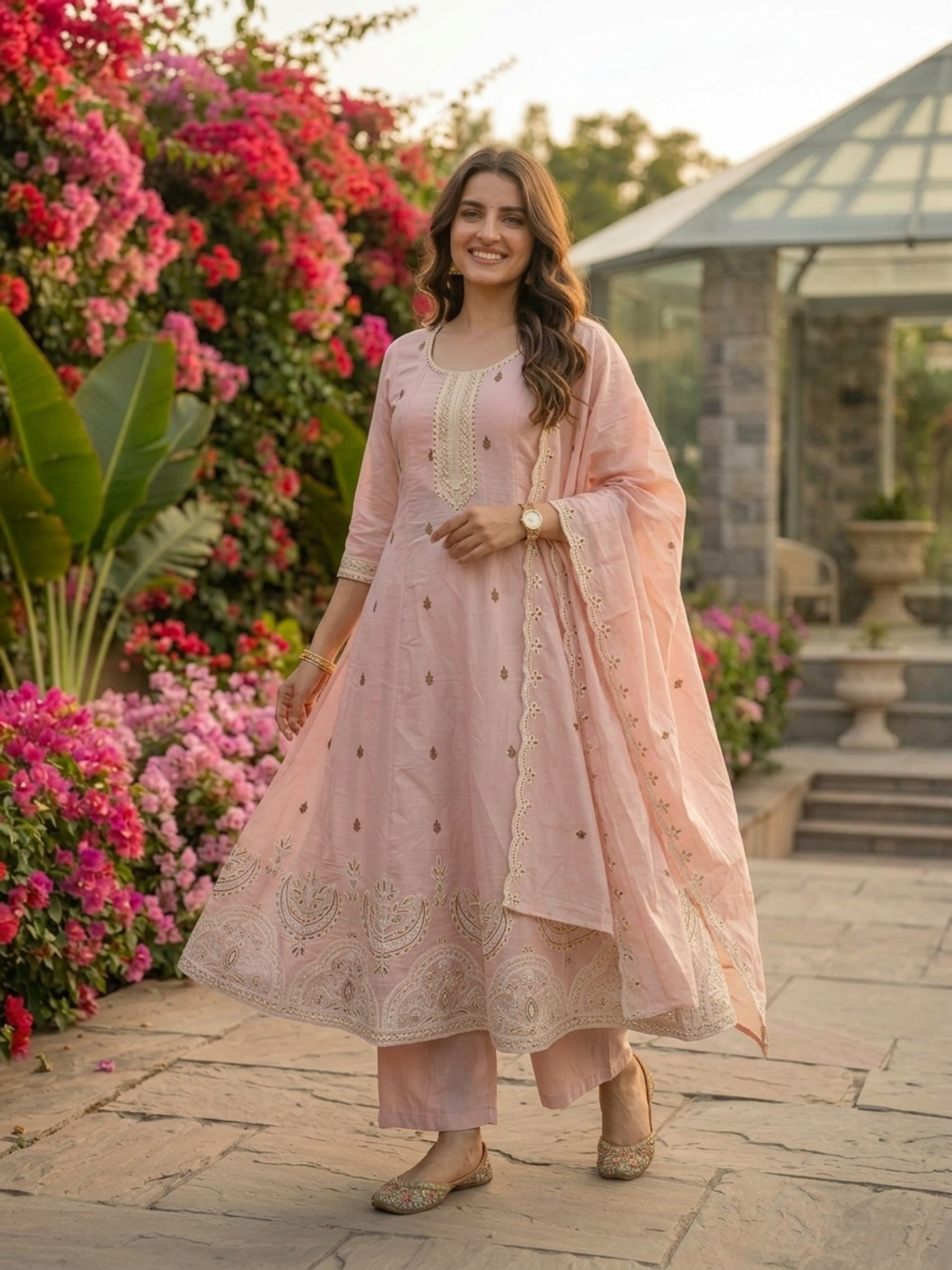 Baby Pink Chanderi Silk Anarkali Set with Thread & Sequin Embroidery, Pants & Dupatta