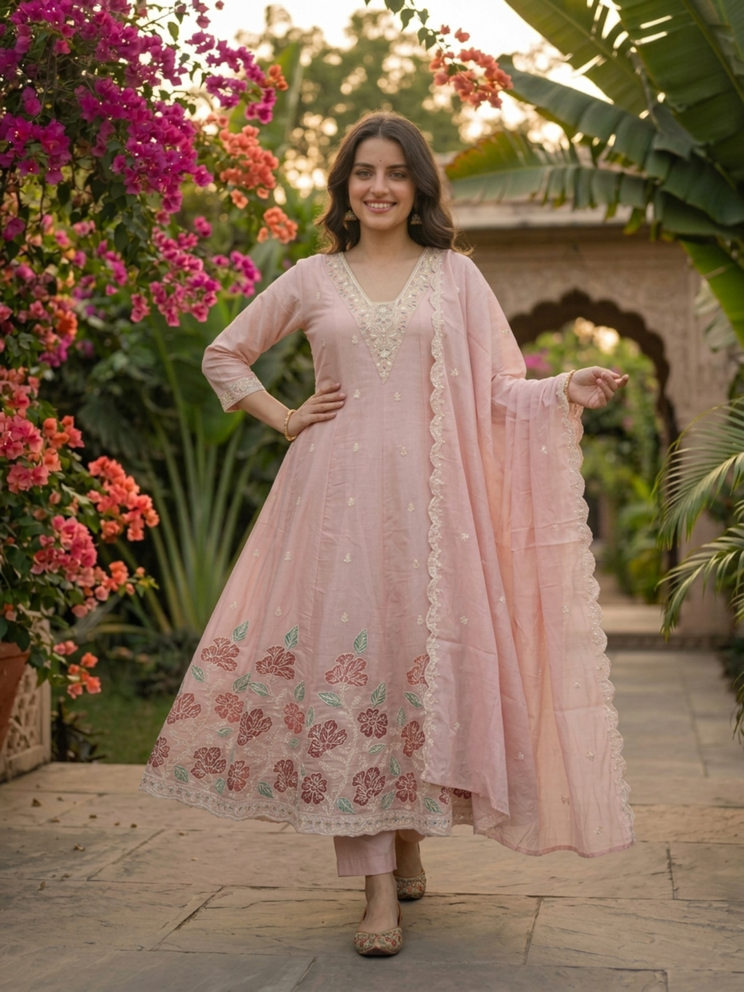 Pink Chanderi Silk Anarkali Set with Thread & Sequin Embroidery, Pants & Dupatta