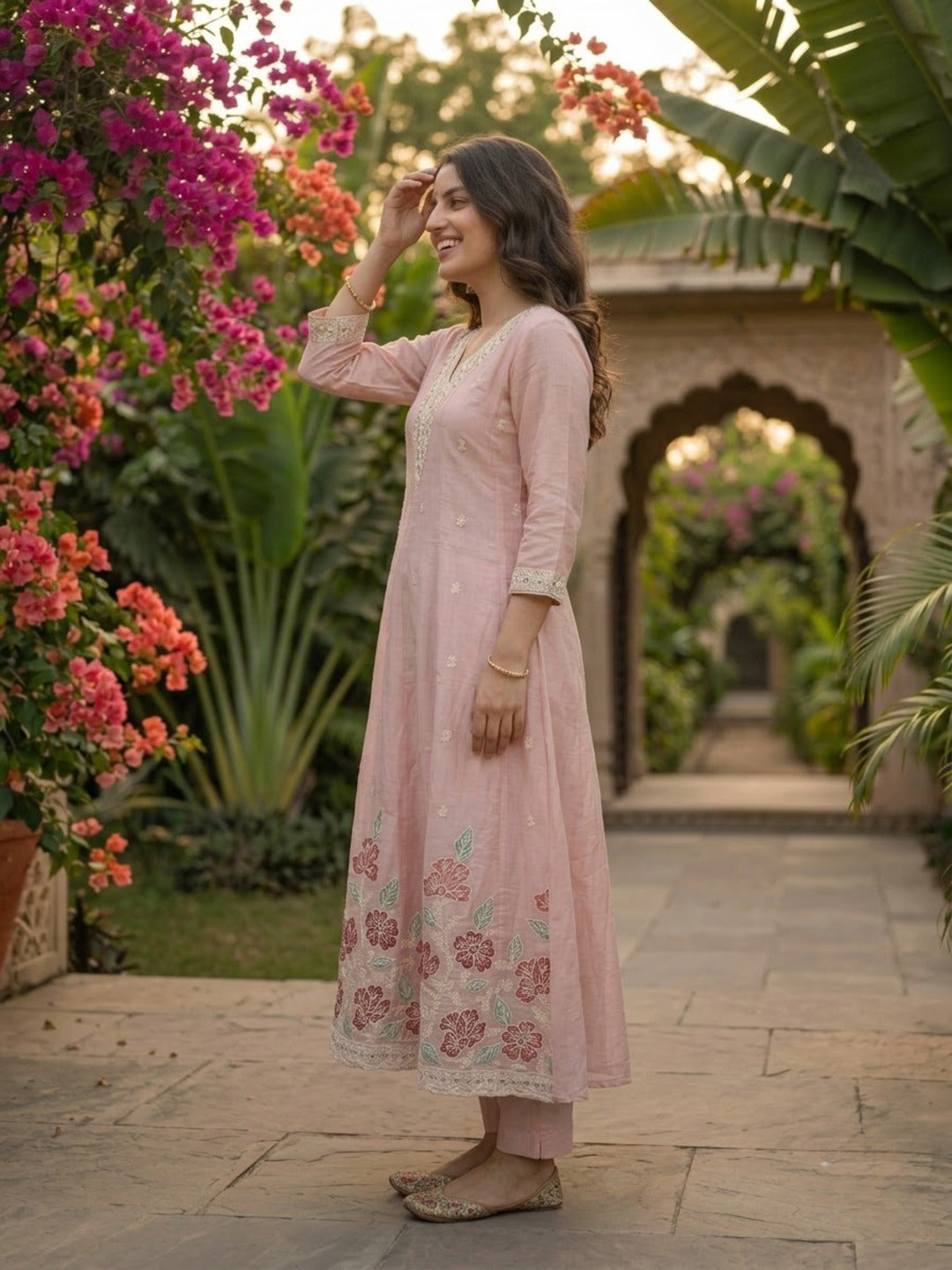 Pink Chanderi Silk Anarkali Set with Thread & Sequin Embroidery, Pants & Dupatta