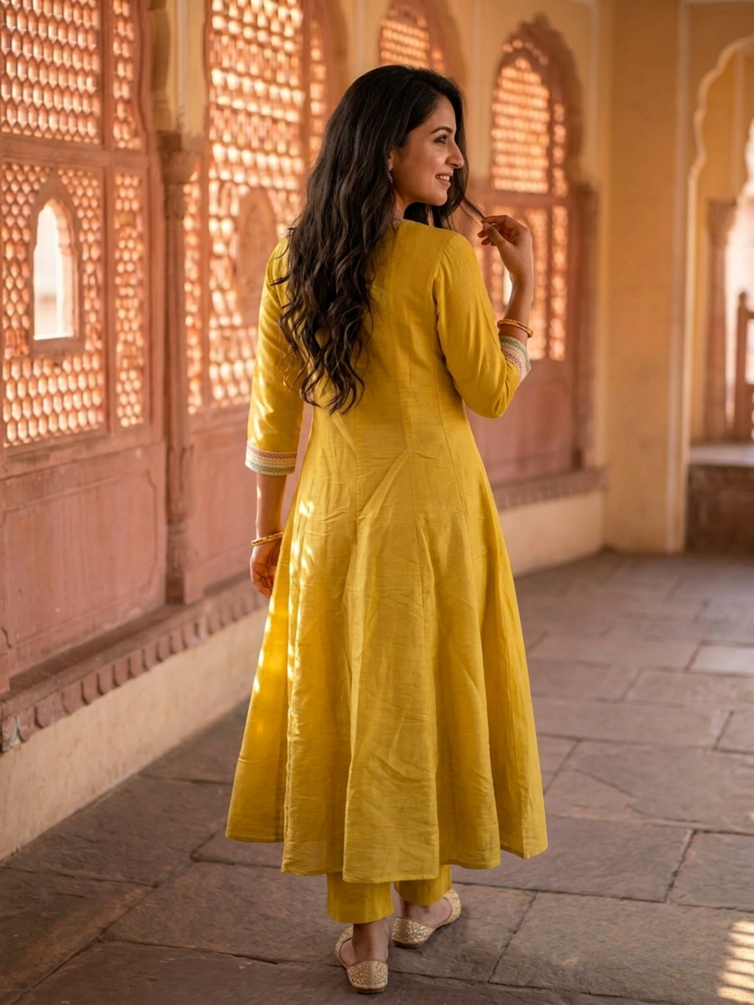 Mustard Chanderi Silk Anarkali Set with Thread & Sequin Embroidery, Pants & Dupatta