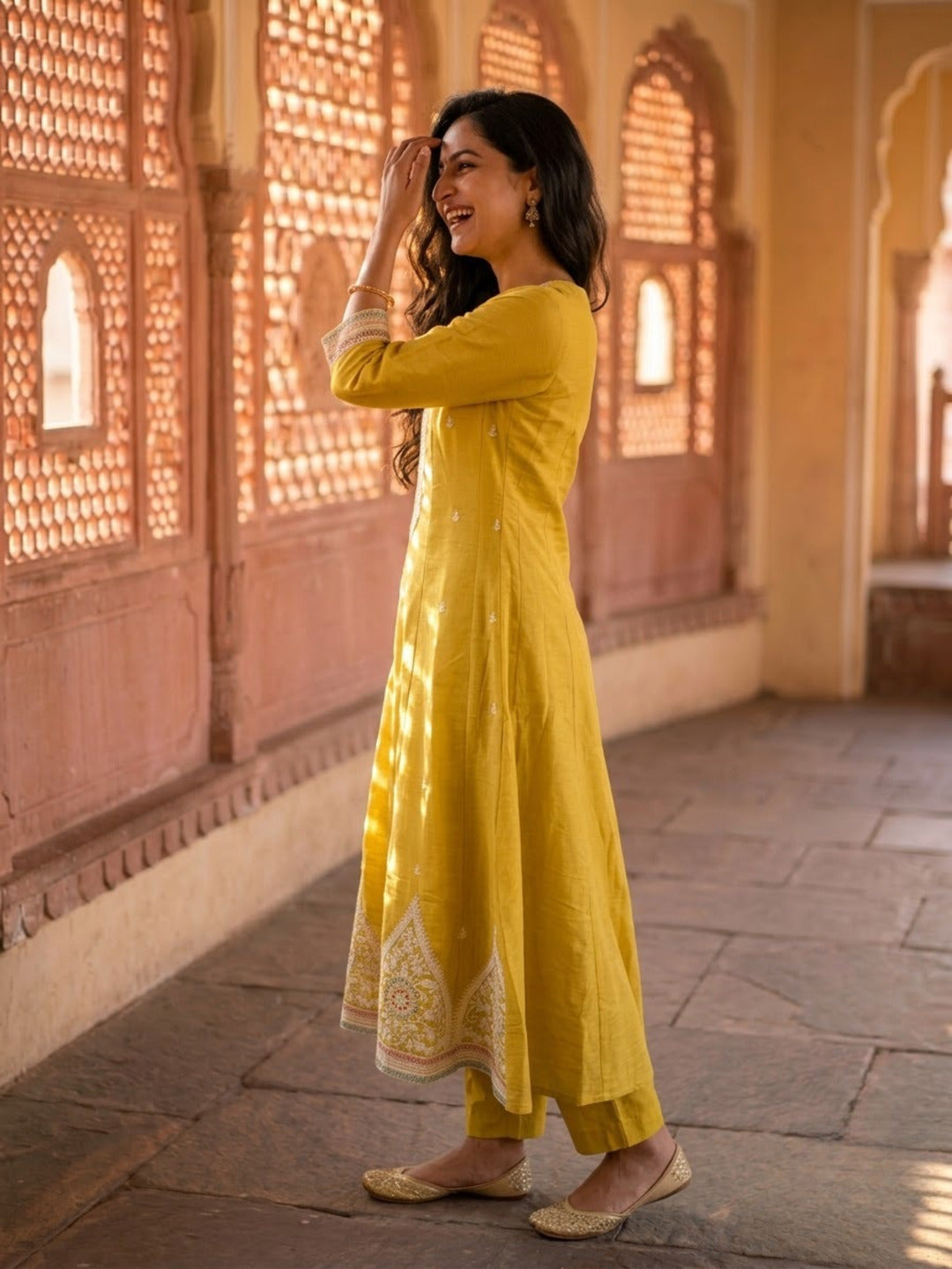 Mustard Chanderi Silk Anarkali Set with Thread & Sequin Embroidery, Pants & Dupatta