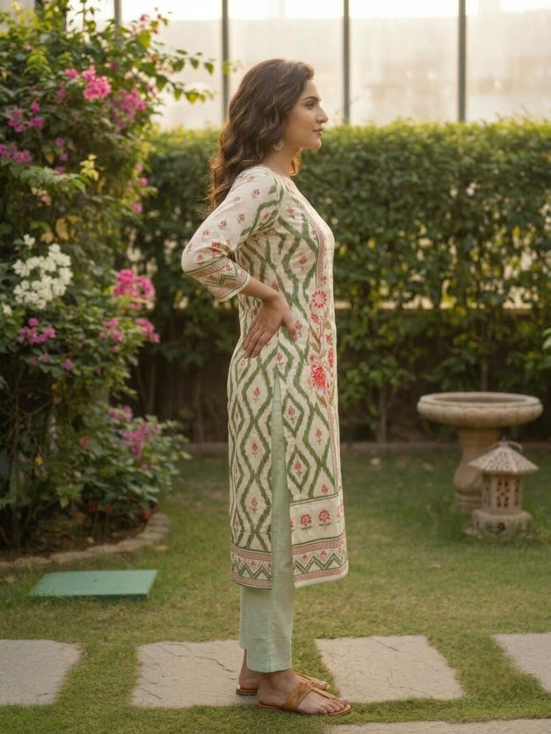 Green Floral Cotton Kurta Set with Cutdana & Lace, Cream Trousers & Printed Dupatta