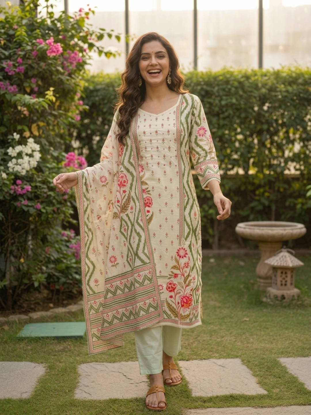 Green Floral Cotton Kurta Set with Cutdana & Lace, Cream Trousers & Printed Dupatta