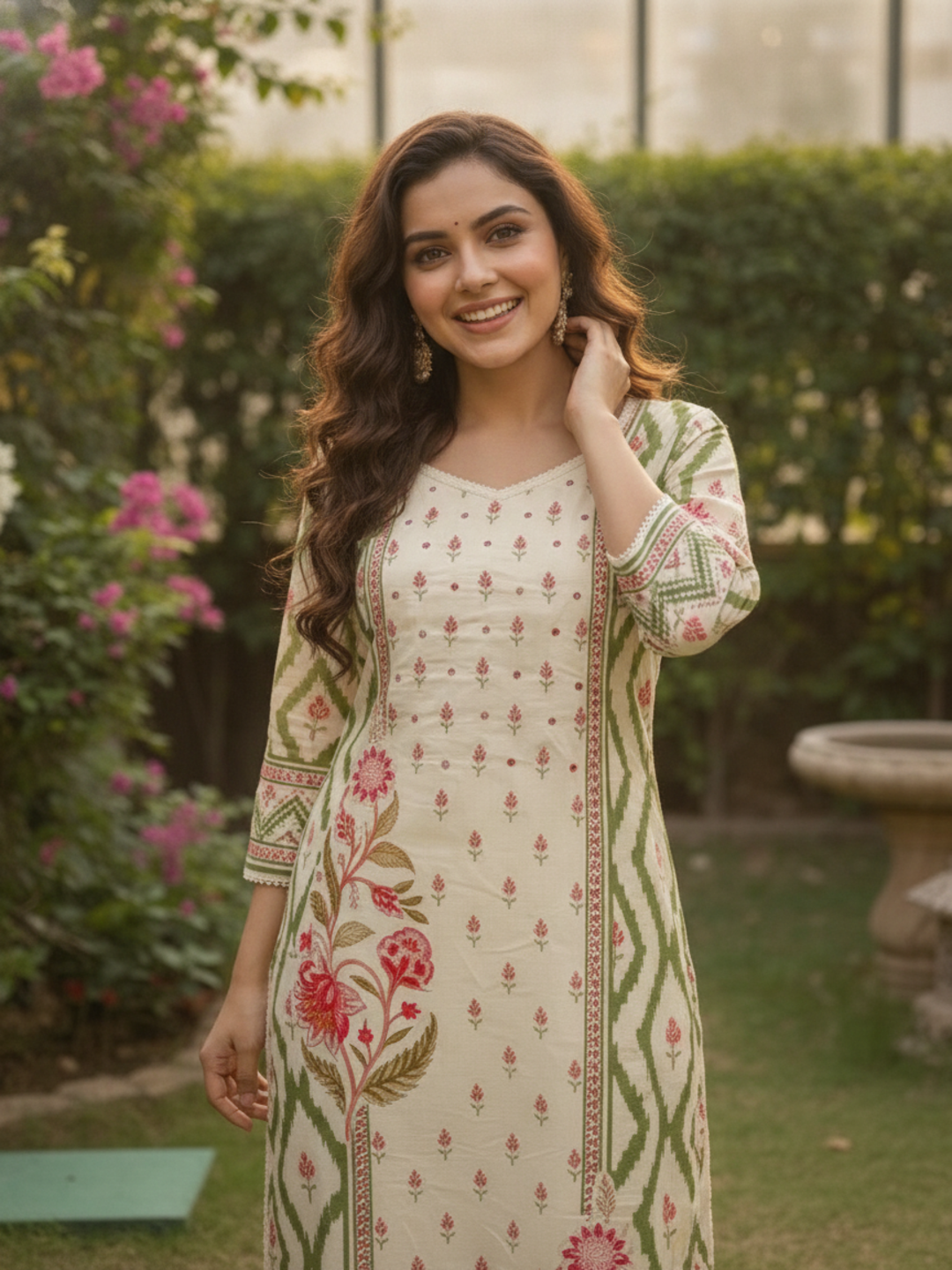 Green Floral Cotton Kurta Set with Cutdana & Lace, Cream Trousers & Printed Dupatta