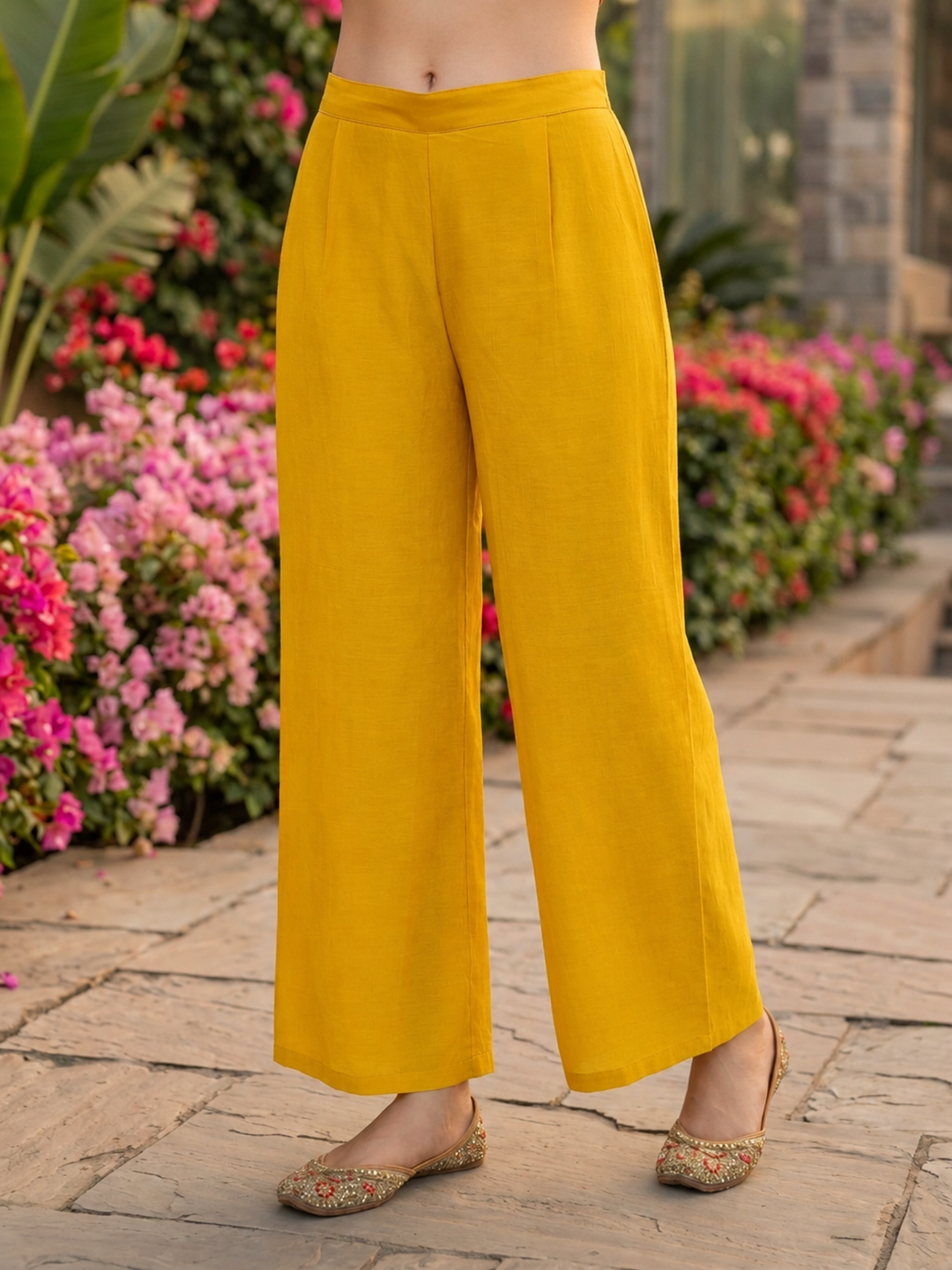 Mustard Yellow Solid Floral Patchwork Embroidered Chanderi Silk A-Line Kurta Set with Pant and Dupatta