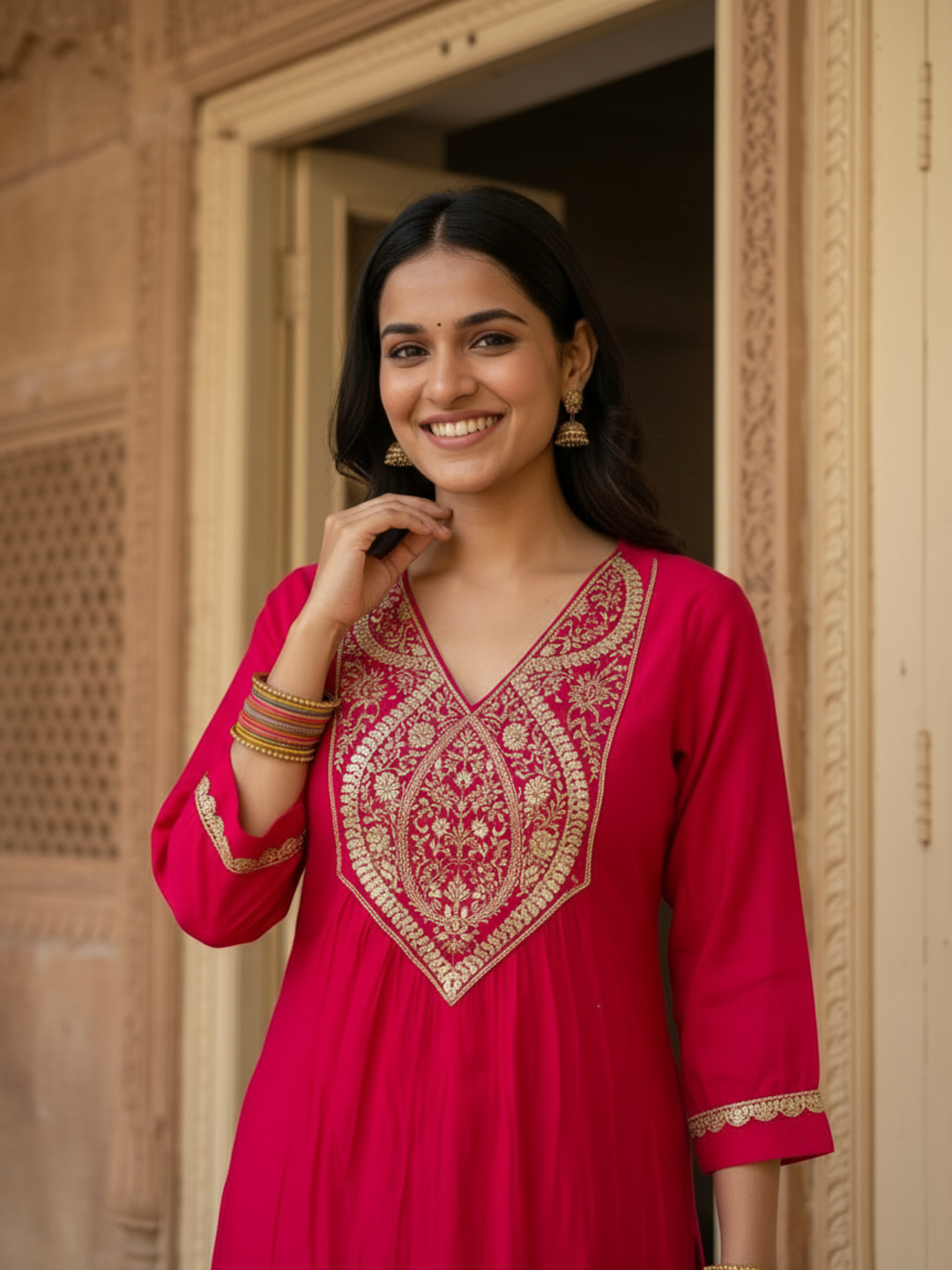 Rani Pink Chanderi Silk Kurta Set with Gota Patti Work, Palazzo & Dupatta